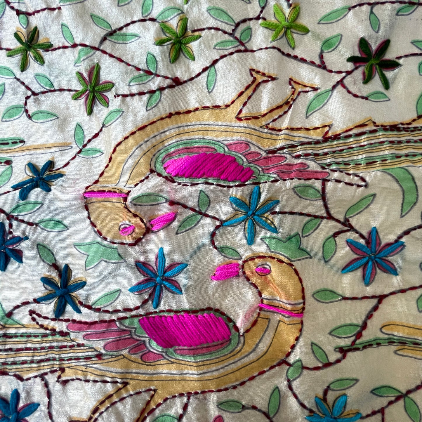 Hand Embroidered And Hand Painted Chanderi Dupatta - Beige With Multi Coloured Floral and Peacock Motifs.