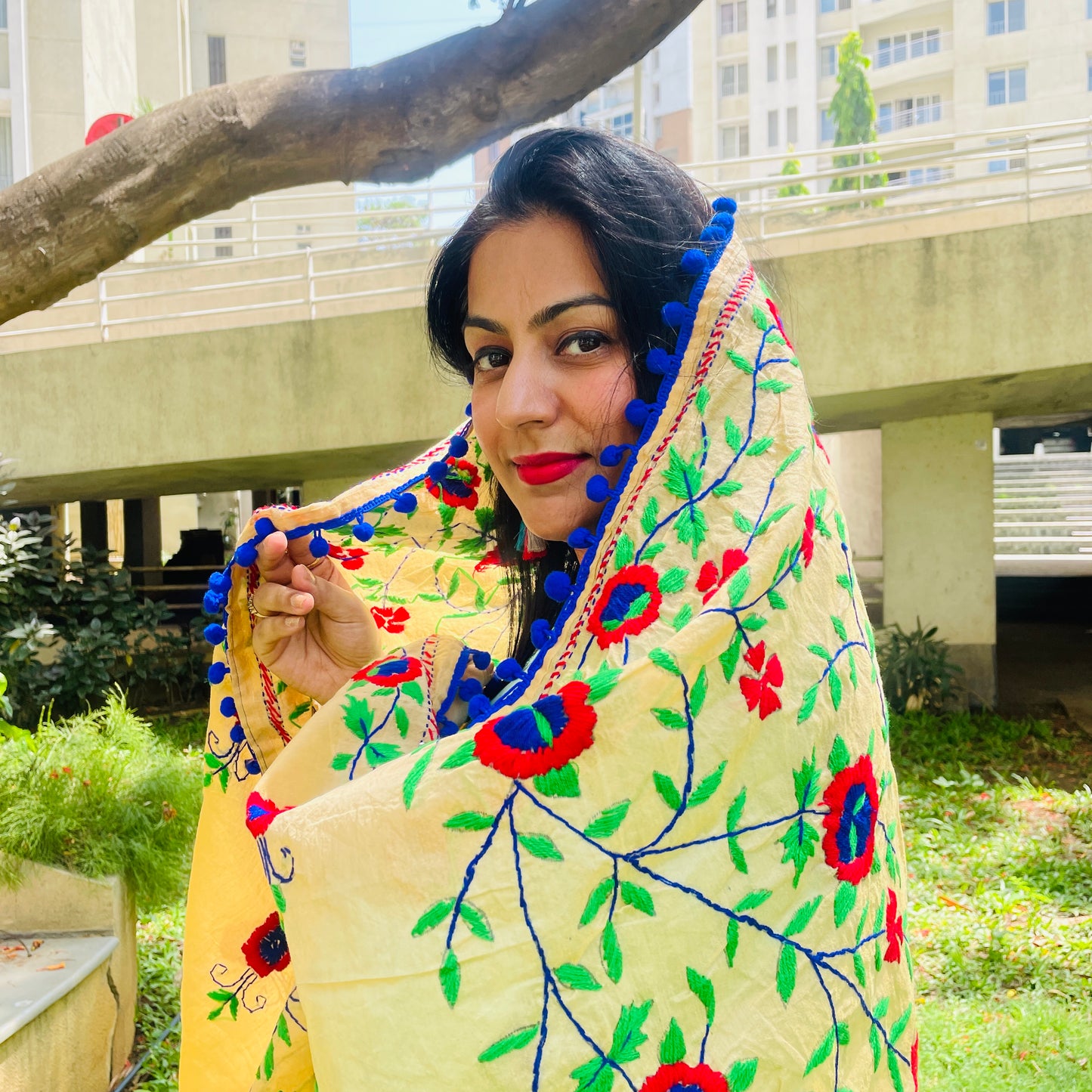 Hand-Embroidered Cotton Chanderi Dupatta- Beige and Blue