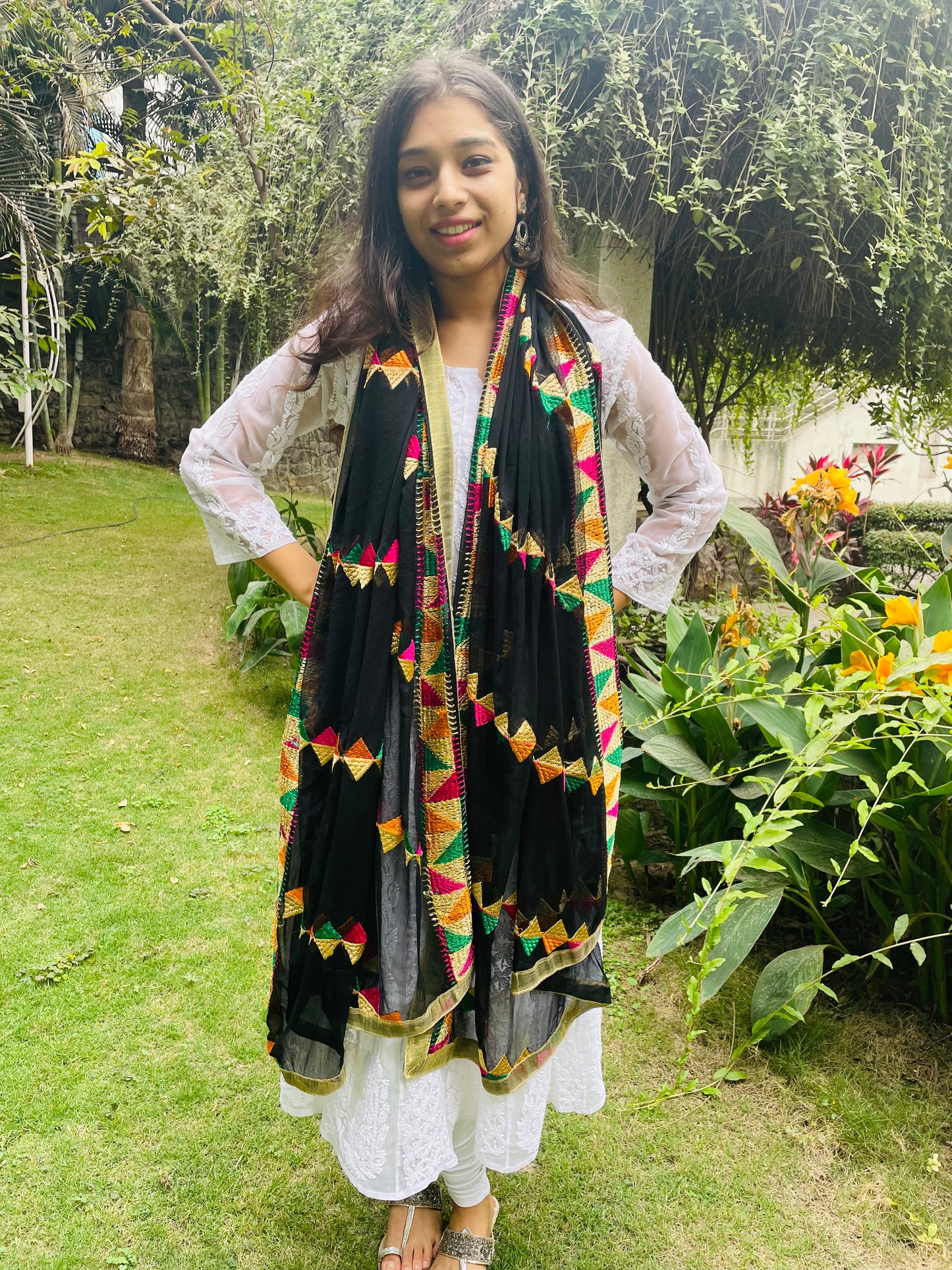 Lightweight Phulkari Chiffon Dupatta - (PE110) - Black