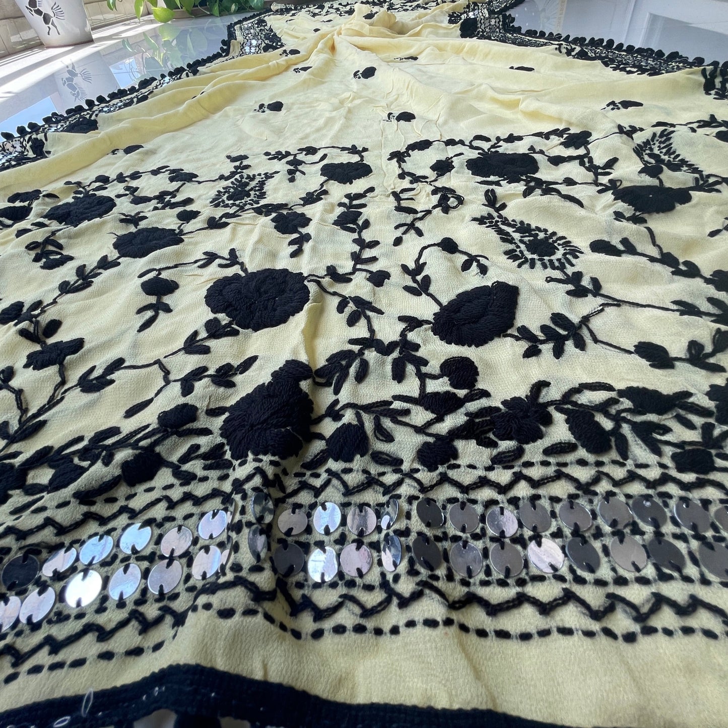 Chiffon Hand Embroidered Dupatta - Beige With Black Threadwork