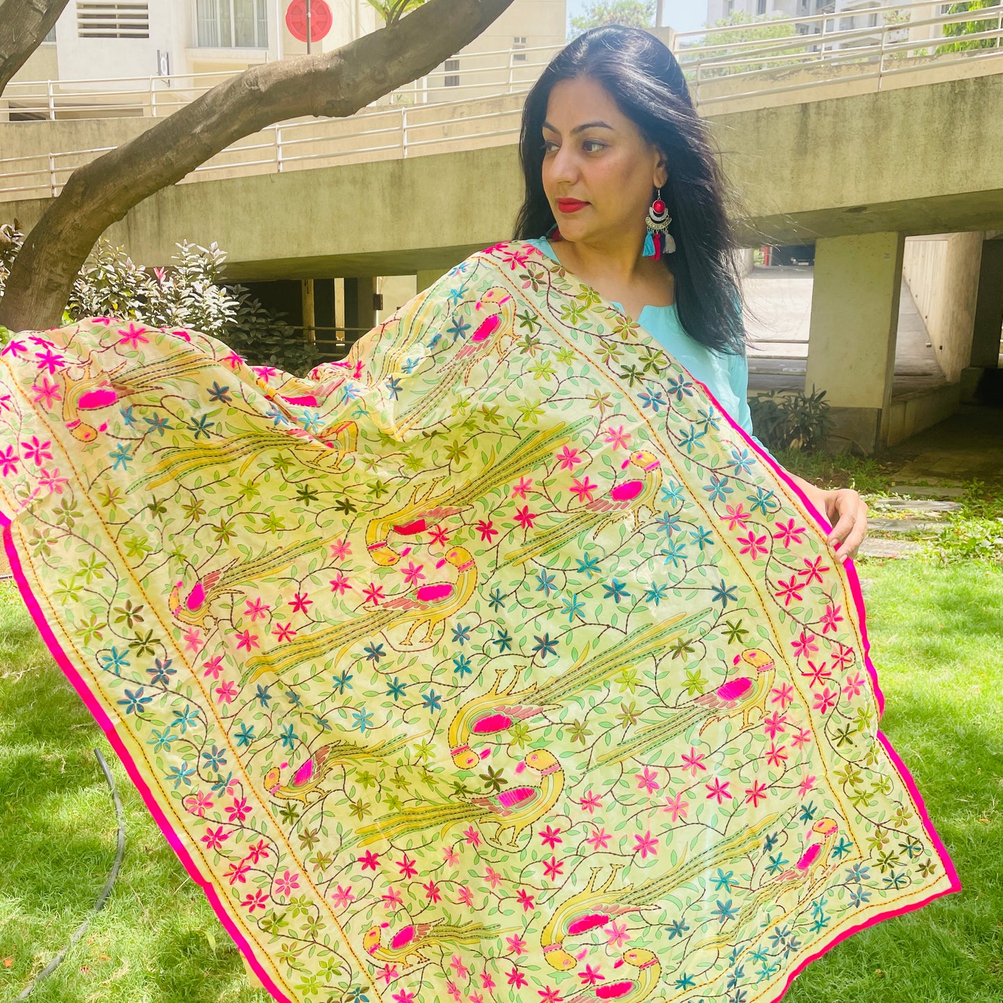 Hand Embroidered And Hand Painted Chanderi Dupatta - Beige With Multi Coloured Floral and Peacock Motifs.