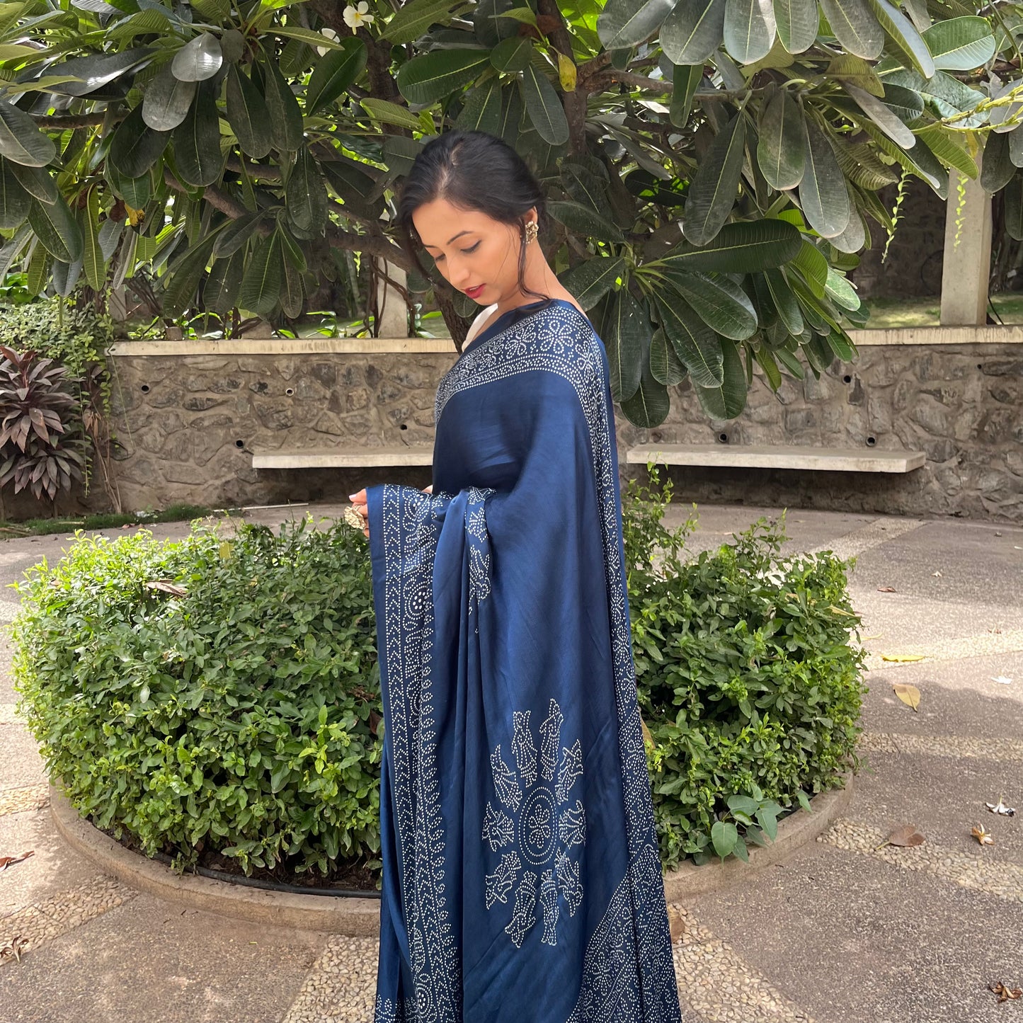 Modal Silk Ajrakh Saree With Natural Dyes -Maroon, Red, Bottle Green,Rani Pink, Blue, Navy Blue.