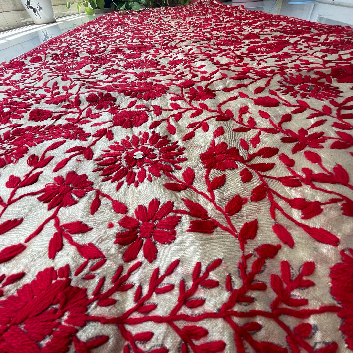 Hand-Embroidered Chanderi Dupatta- Beige With Red Coloured Threadwork