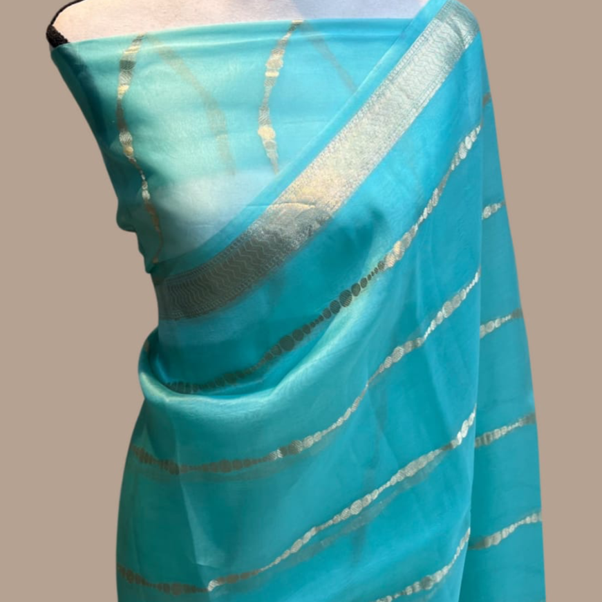 Banarasi Kora Silk Organza Saree- Blue, Black, Yellow, Green, Red, Pink.