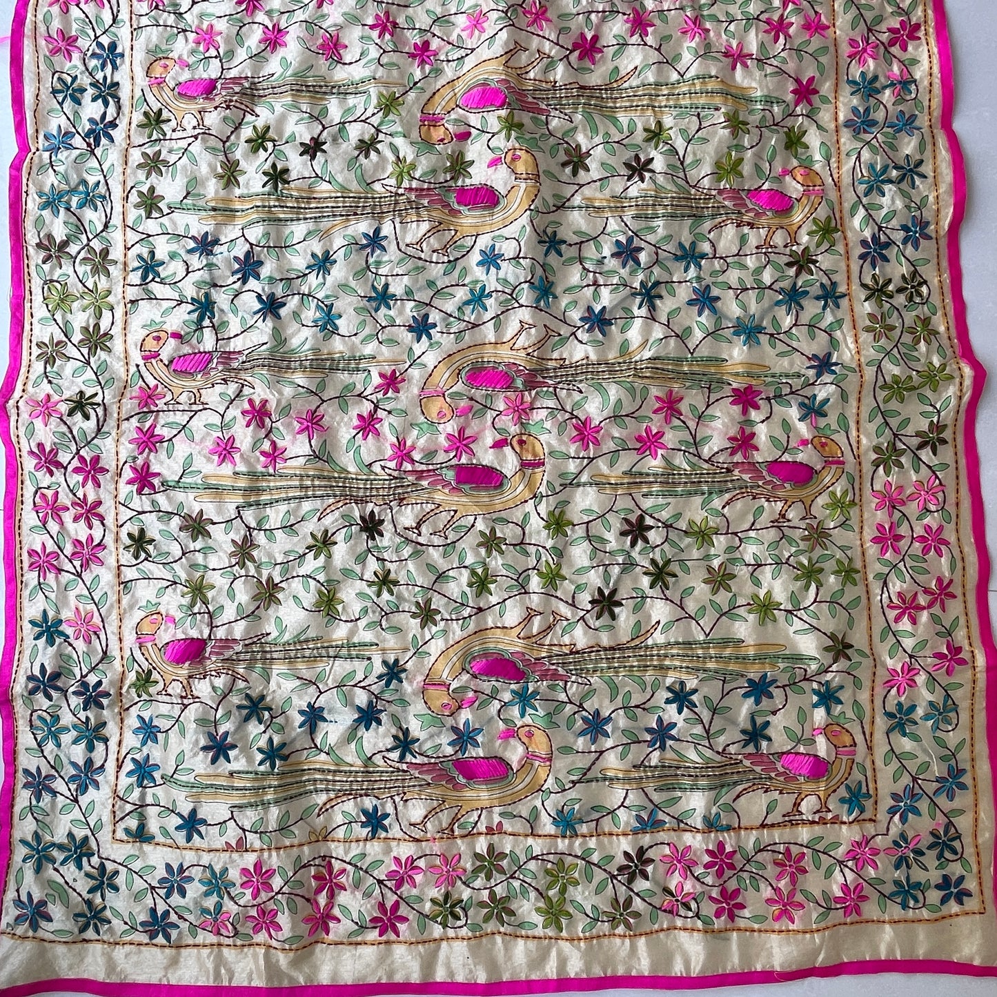 Hand Embroidered And Hand Painted Chanderi Dupatta - Beige With Multi Coloured Floral and Peacock Motifs.