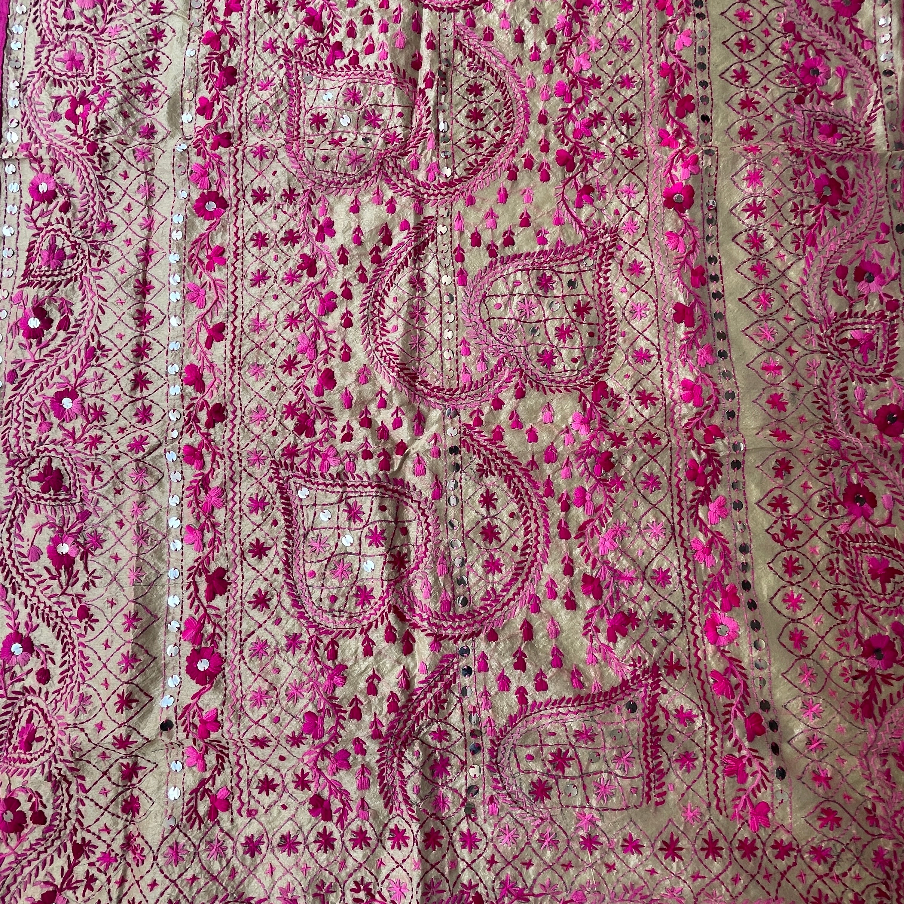 Hand-Embroidered Chanderi Dupatta- Beige With Pink Threadwork