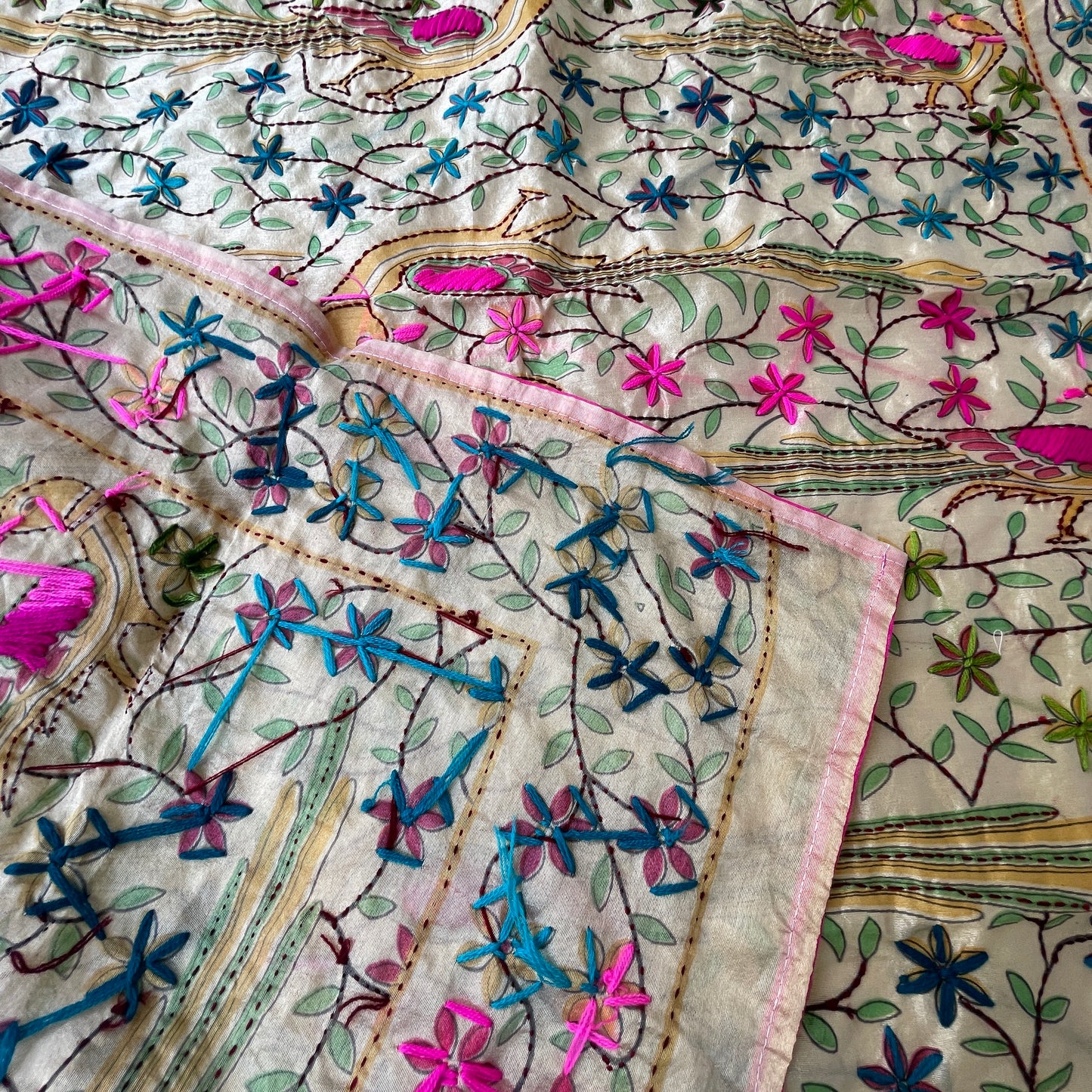 Hand Embroidered And Hand Painted Chanderi Dupatta - Beige With Multi Coloured Floral and Peacock Motifs.