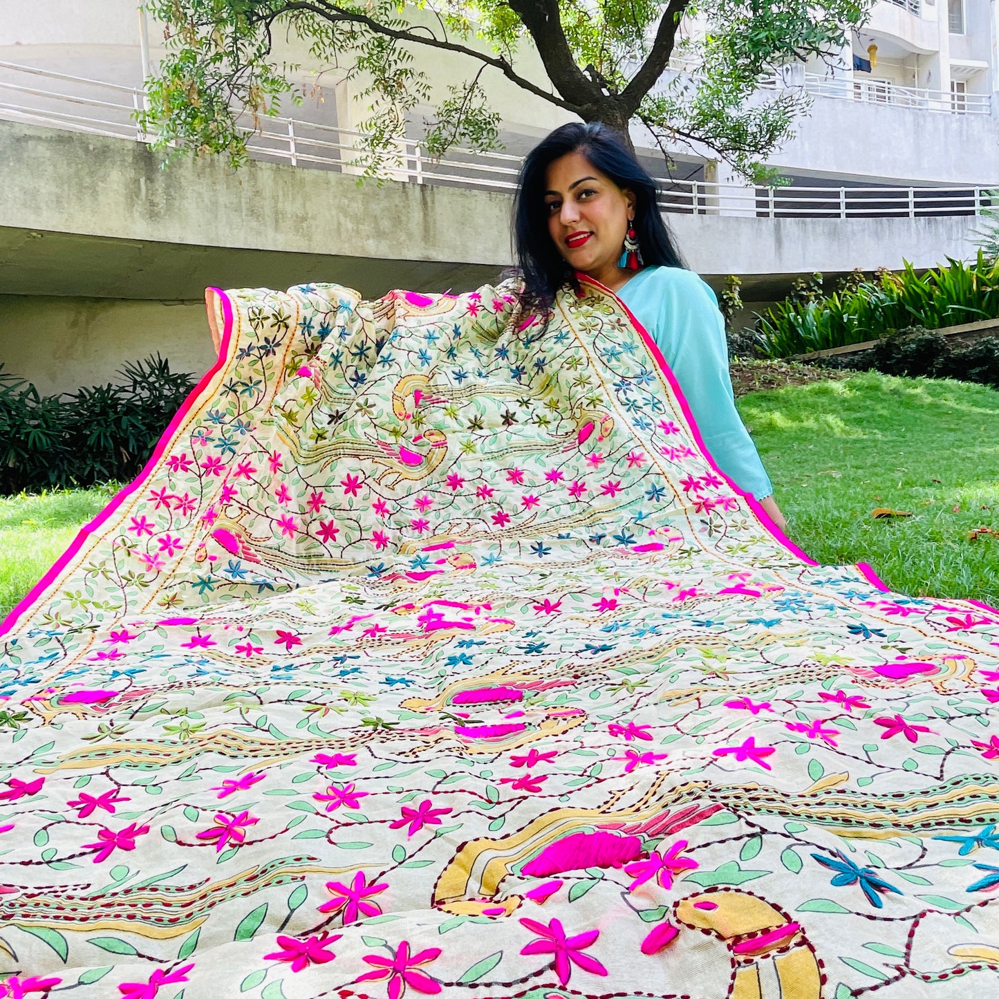 Hand Embroidered And Hand Painted Chanderi Dupatta - Beige With Multi Coloured Floral and Peacock Motifs.