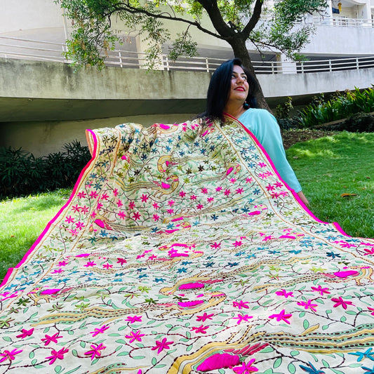 Hand Embroidered And Hand Painted Chanderi Dupatta - Beige With Multi Coloured Floral and Peacock Motifs.