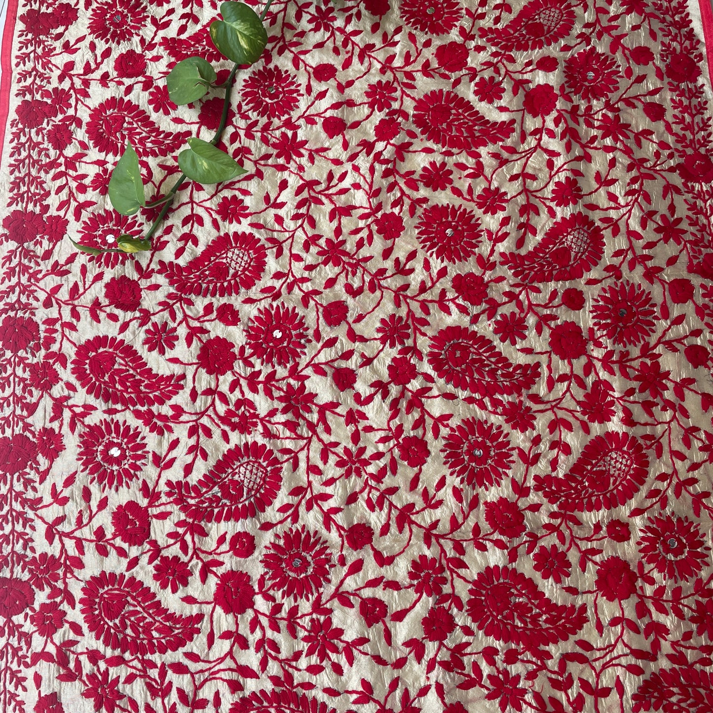Hand-Embroidered Chanderi Dupatta- Beige With Red Coloured Threadwork