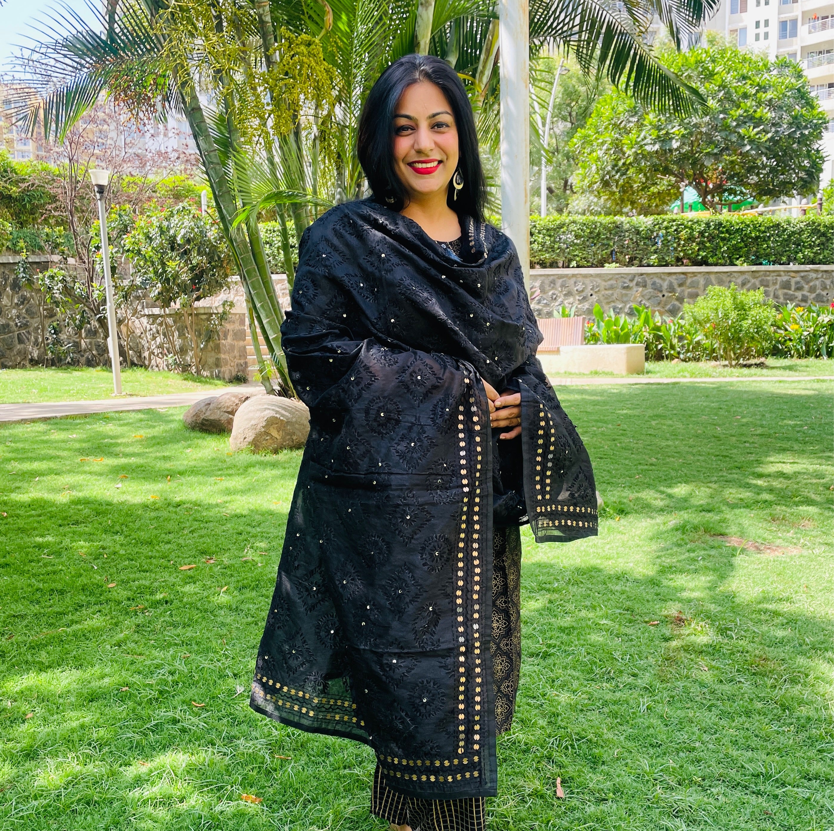 Hand-Embroidered Cotton Dupatta With Sequence Border - Black With Self Coloured Threadwork