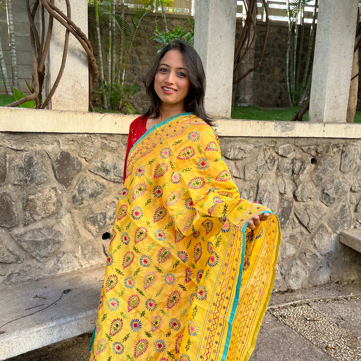 Hand-Embroidered Chanderi Dupatta- Yellow