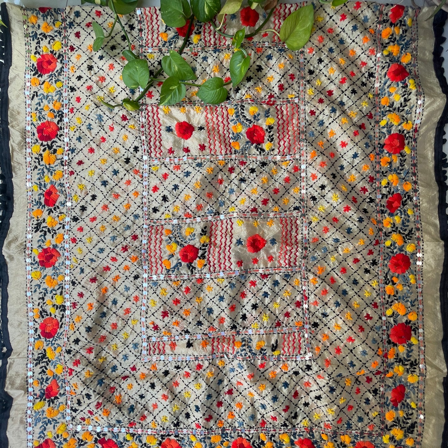 Hand Embroidered Phulkari Chanderi Dupatta with Pom Pom Border - Beige Base With Black and Multi Coloured Threadwork