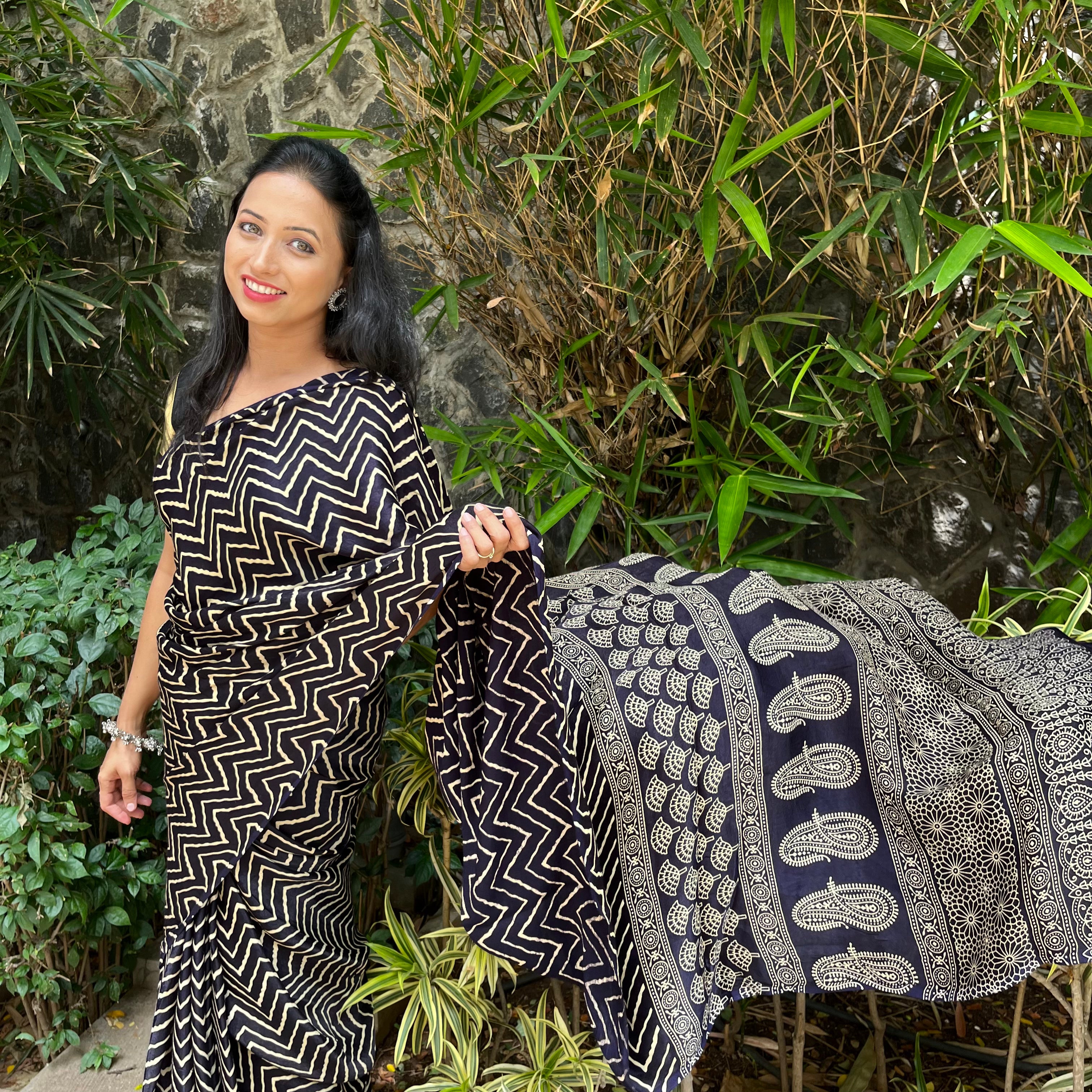 Modal Mashroo Silk Ajrakh Saree With Natural Dyes - Red, Maroon, Black, Brown, Mustard Yellow, Bottle Green, Rani Pink, Navy Blue.