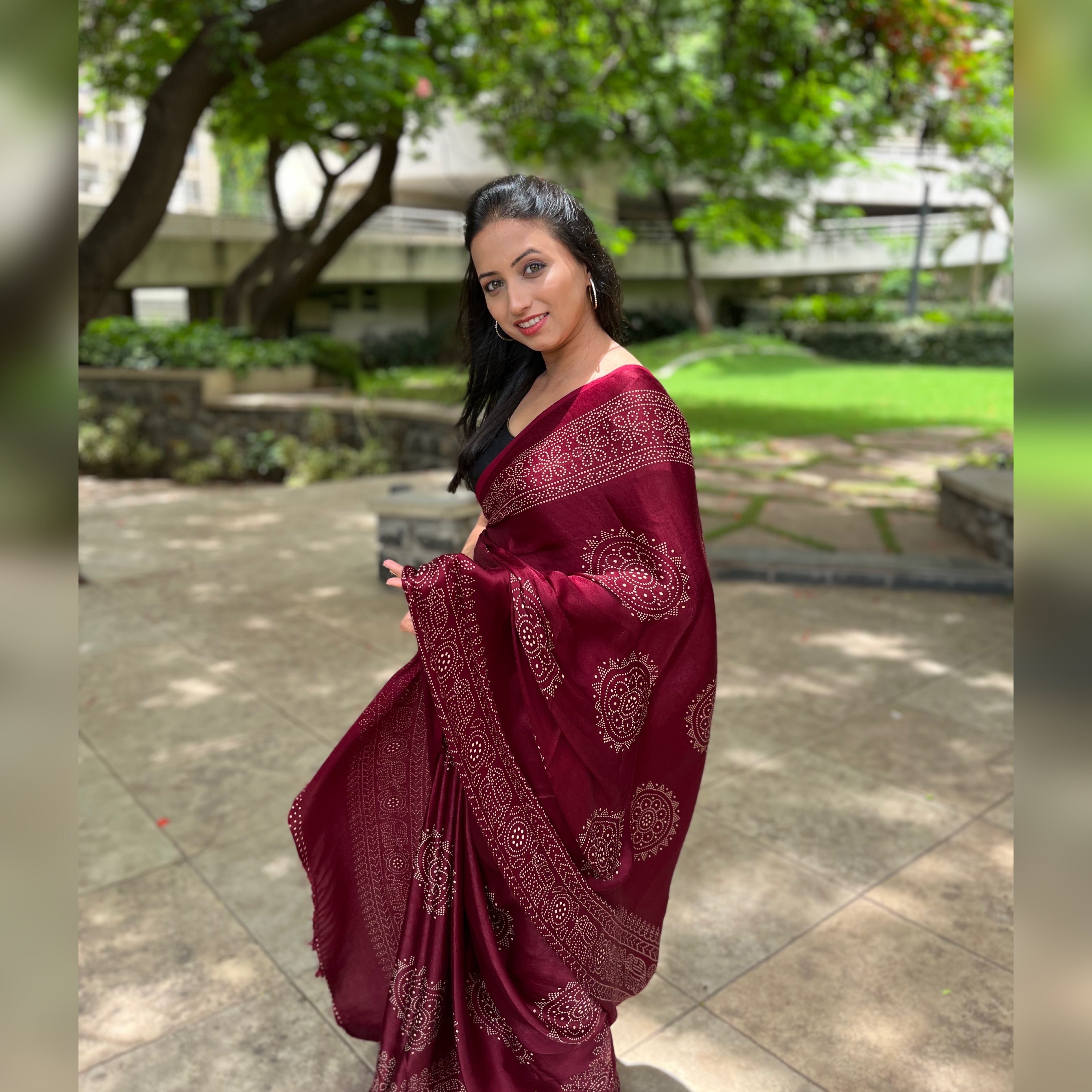 Modal Silk Mashroo Mix Ajrakh Saree - Blue, Maroon, Mustard Yellow, Magenta Pink,Bottle Green, Brown, Pink.