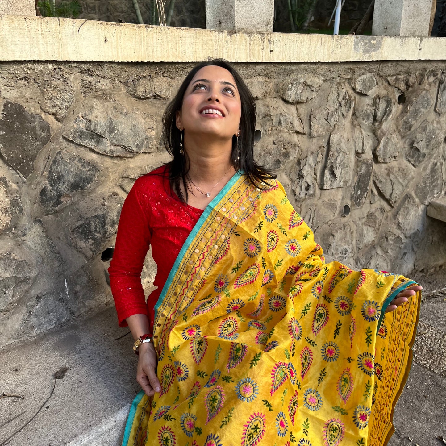Hand-Embroidered Chanderi Dupatta- Yellow
