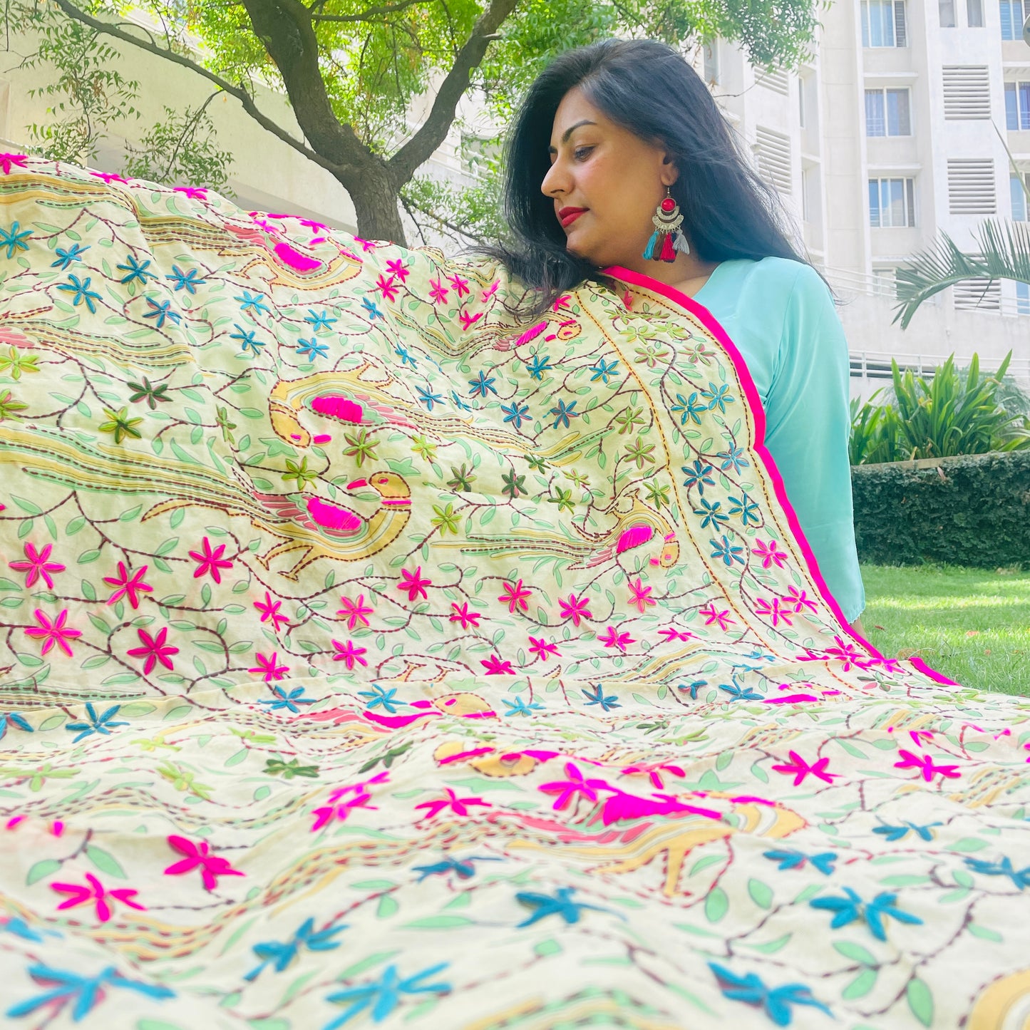 Hand Embroidered And Hand Painted Chanderi Dupatta - Beige With Multi Coloured Floral and Peacock Motifs.