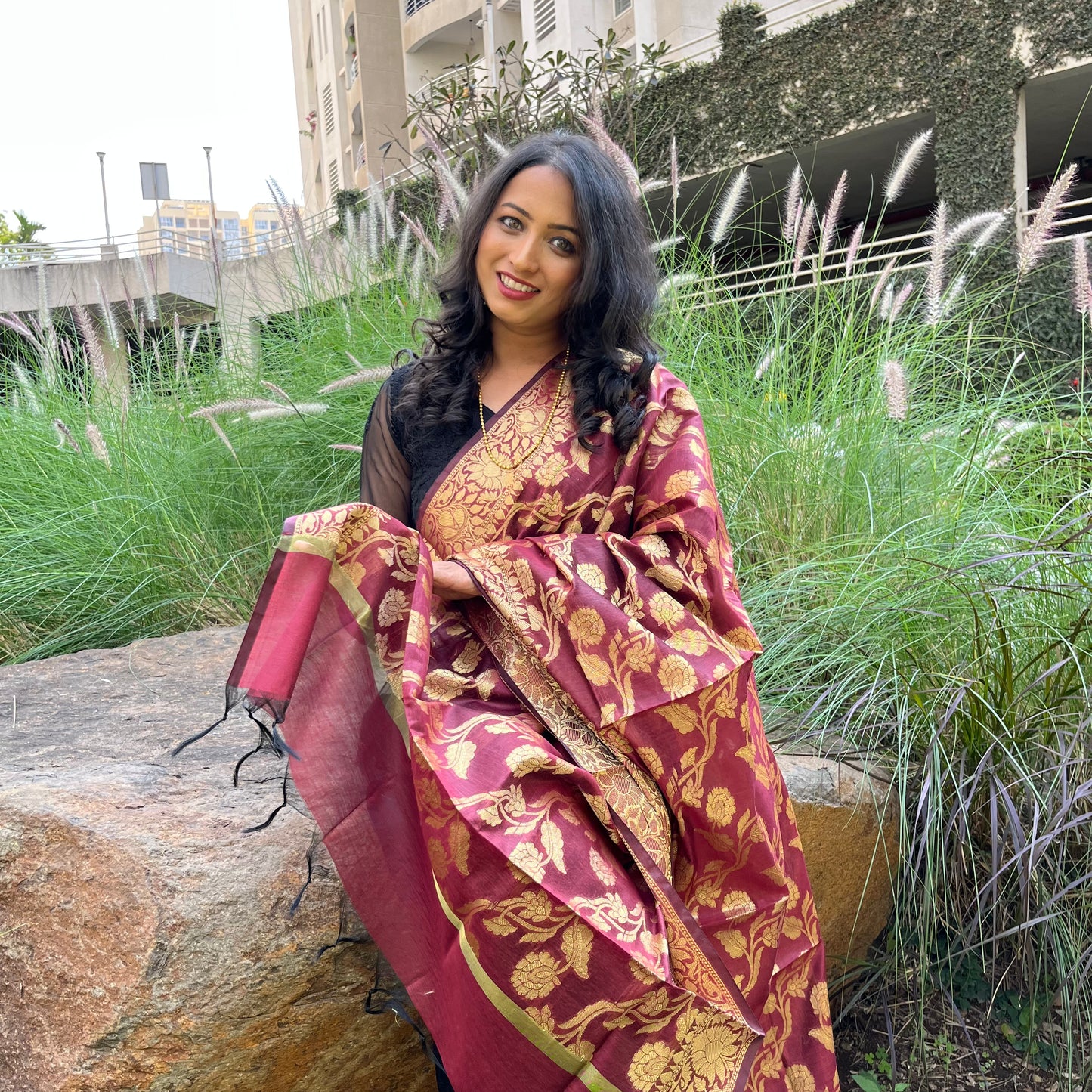 Banarasi Cotton Silk Dupatta with Floral Jaal - Maroon
