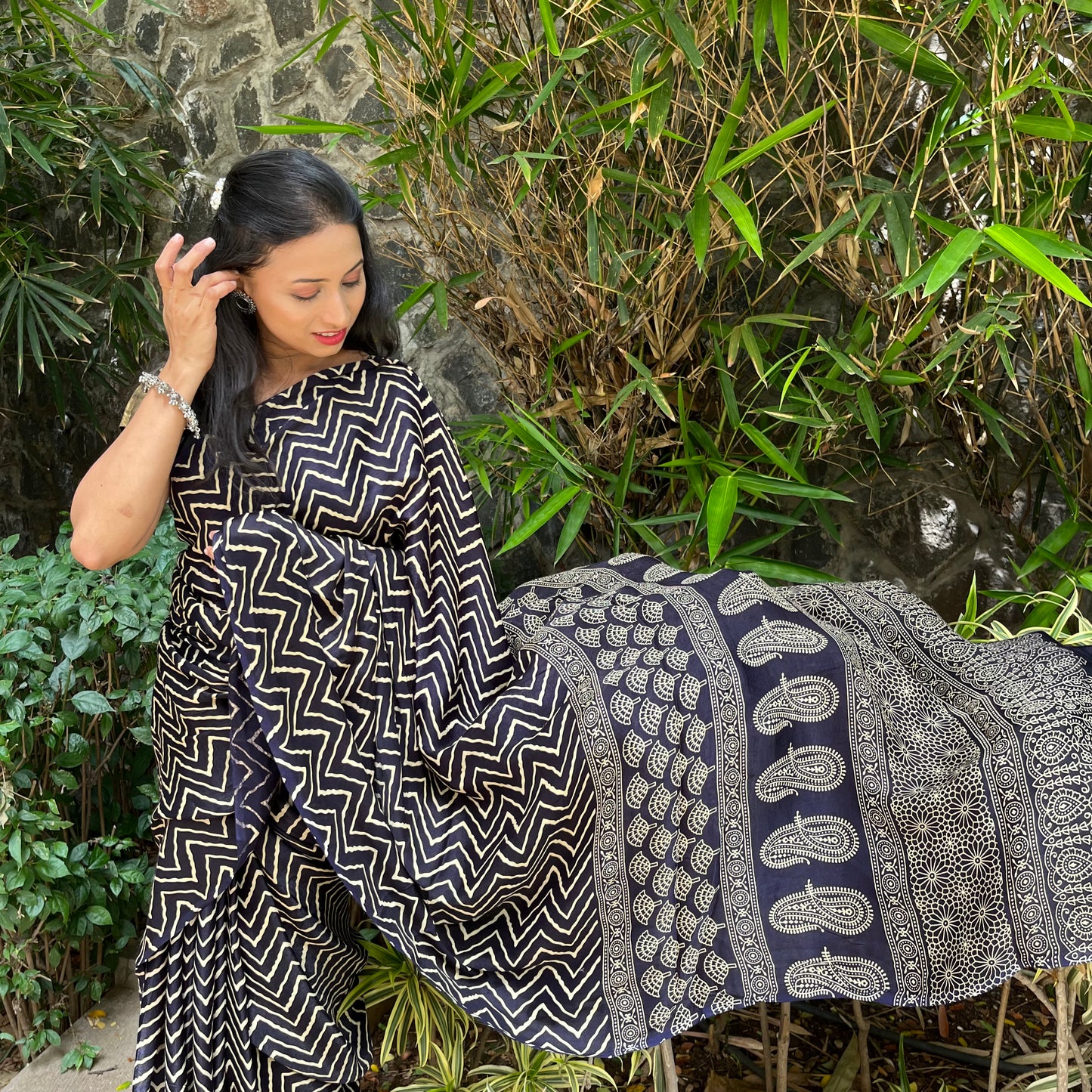 Modal Silk Ajrakh Saree With Natural Dyes - Red, Maroon, Black, Brown, Mustard Yellow, Bottle Green, Rani Pink, Navy Blue.