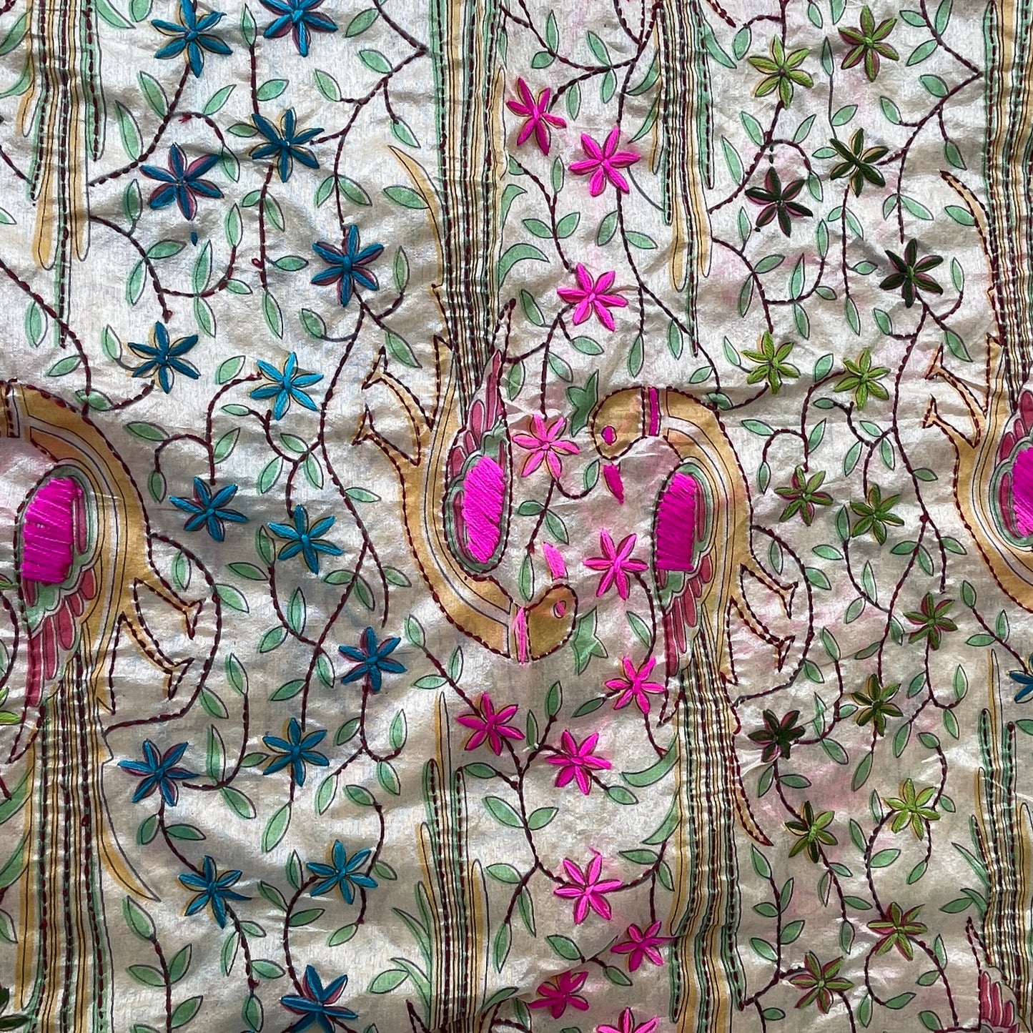 Hand Embroidered And Hand Painted Chanderi Dupatta - Beige With Multi Coloured Floral and Peacock Motifs.