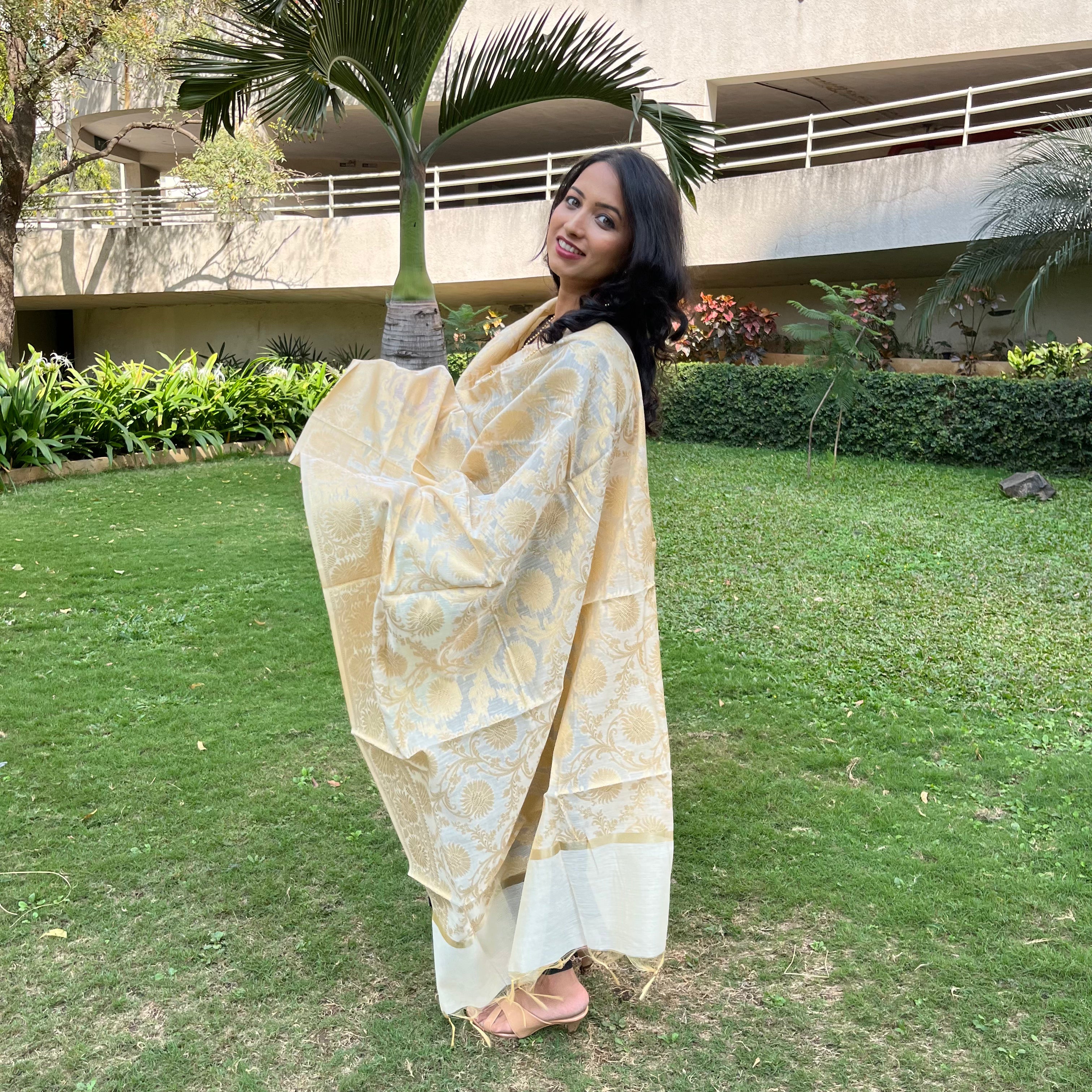 Banarasi Cotton Silk Dupatta with Floral Jaal - White and Gold