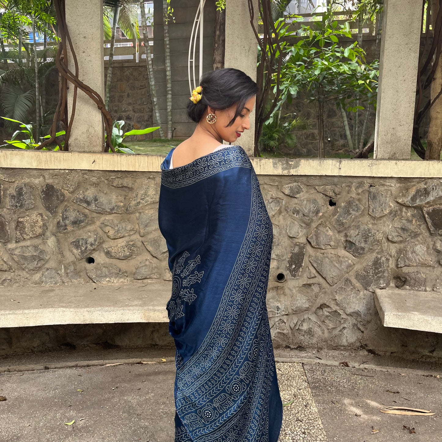 Modal Silk Ajrakh Saree With Natural Dyes -Maroon, Red, Bottle Green,Rani Pink, Blue, Navy Blue.