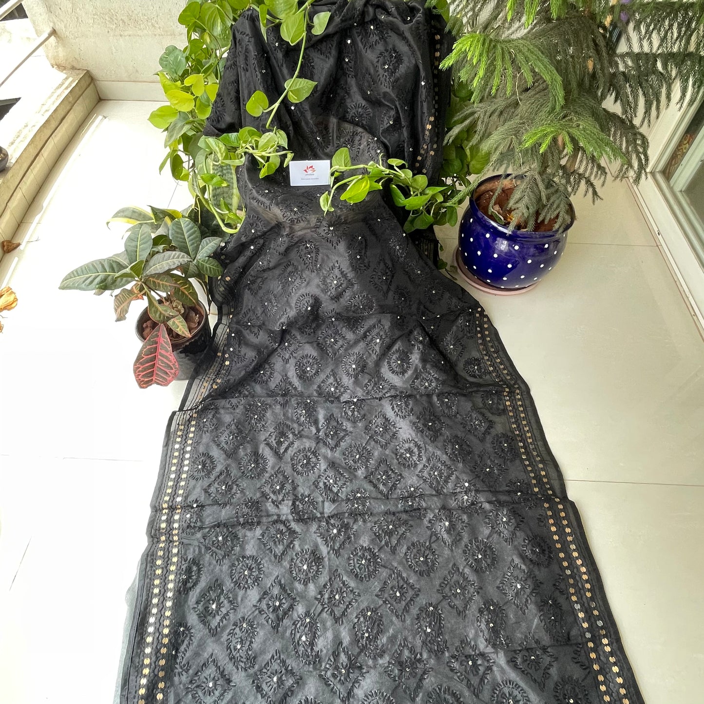 Hand-Embroidered Cotton Dupatta With Sequence Border - Black With Self Coloured Threadwork
