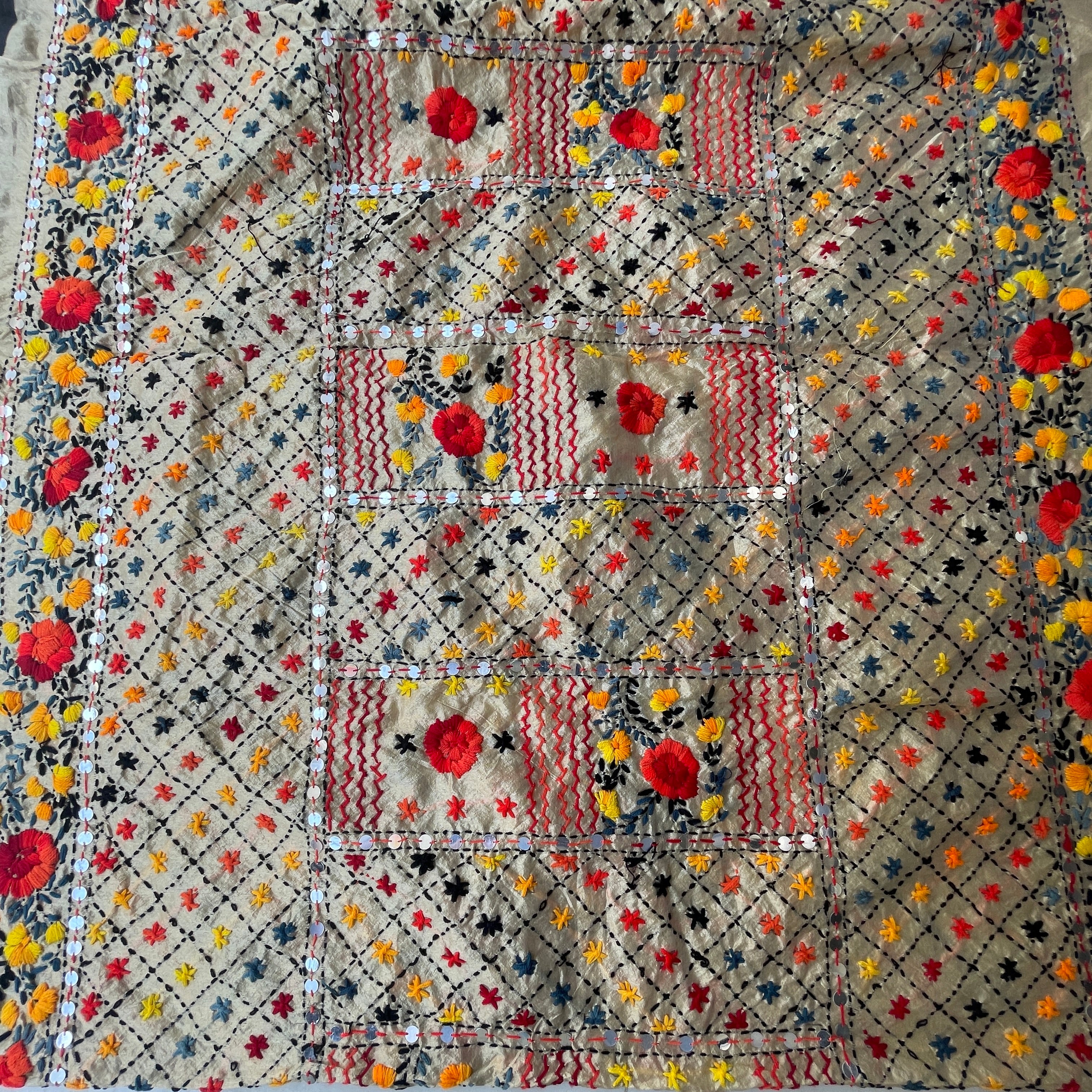 Hand Embroidered Phulkari Chanderi Dupatta with Pom Pom Border - Beige Base With Black and Multi Coloured Threadwork