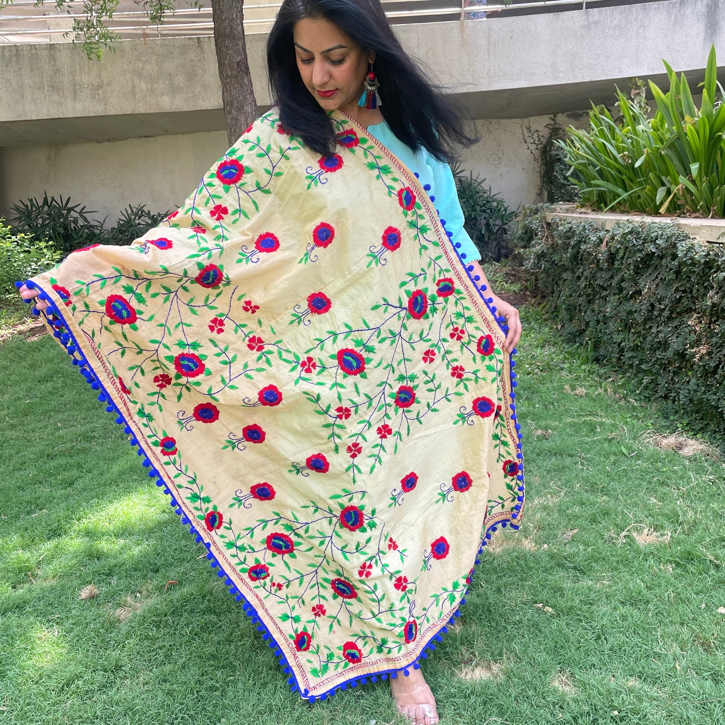 Hand-Embroidered Cotton Chanderi Dupatta- Beige and Blue
