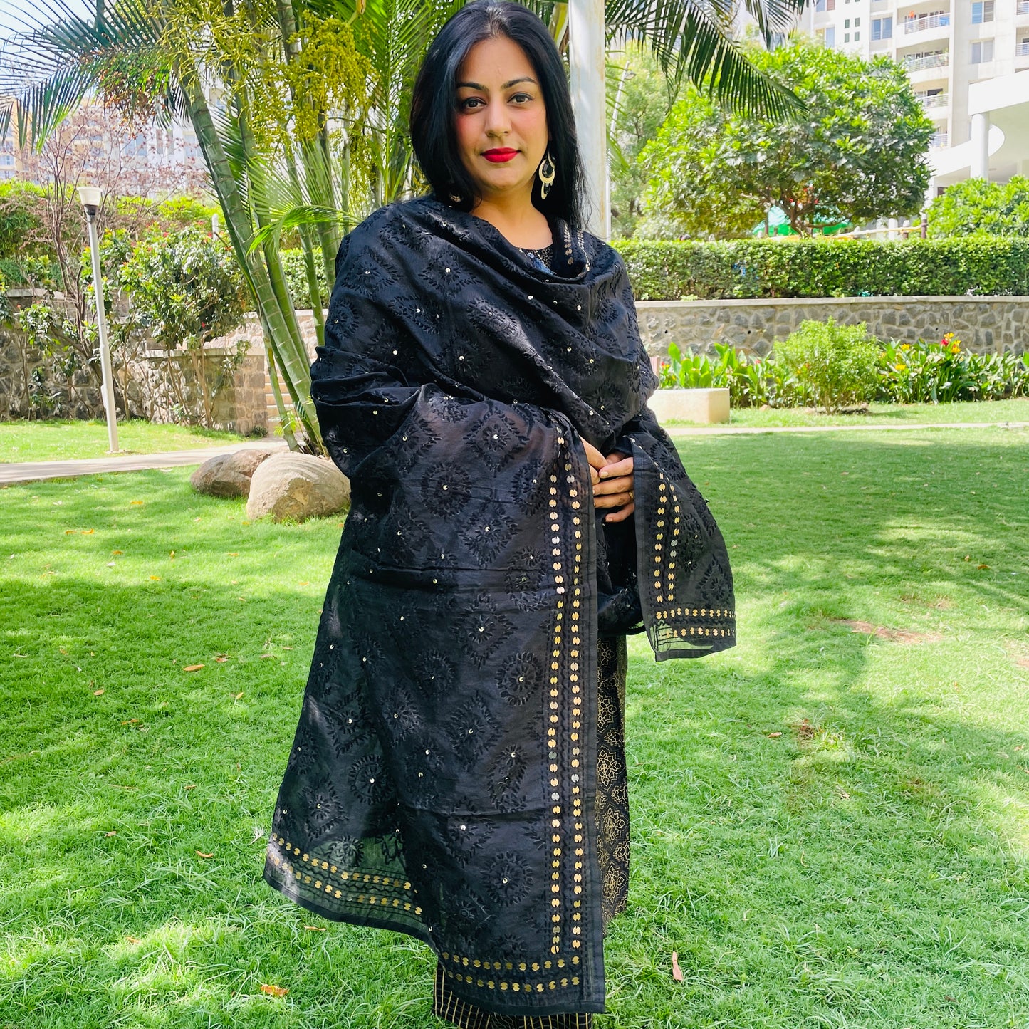 Hand-Embroidered Cotton Dupatta With Sequence Border - Black With Self Coloured Threadwork