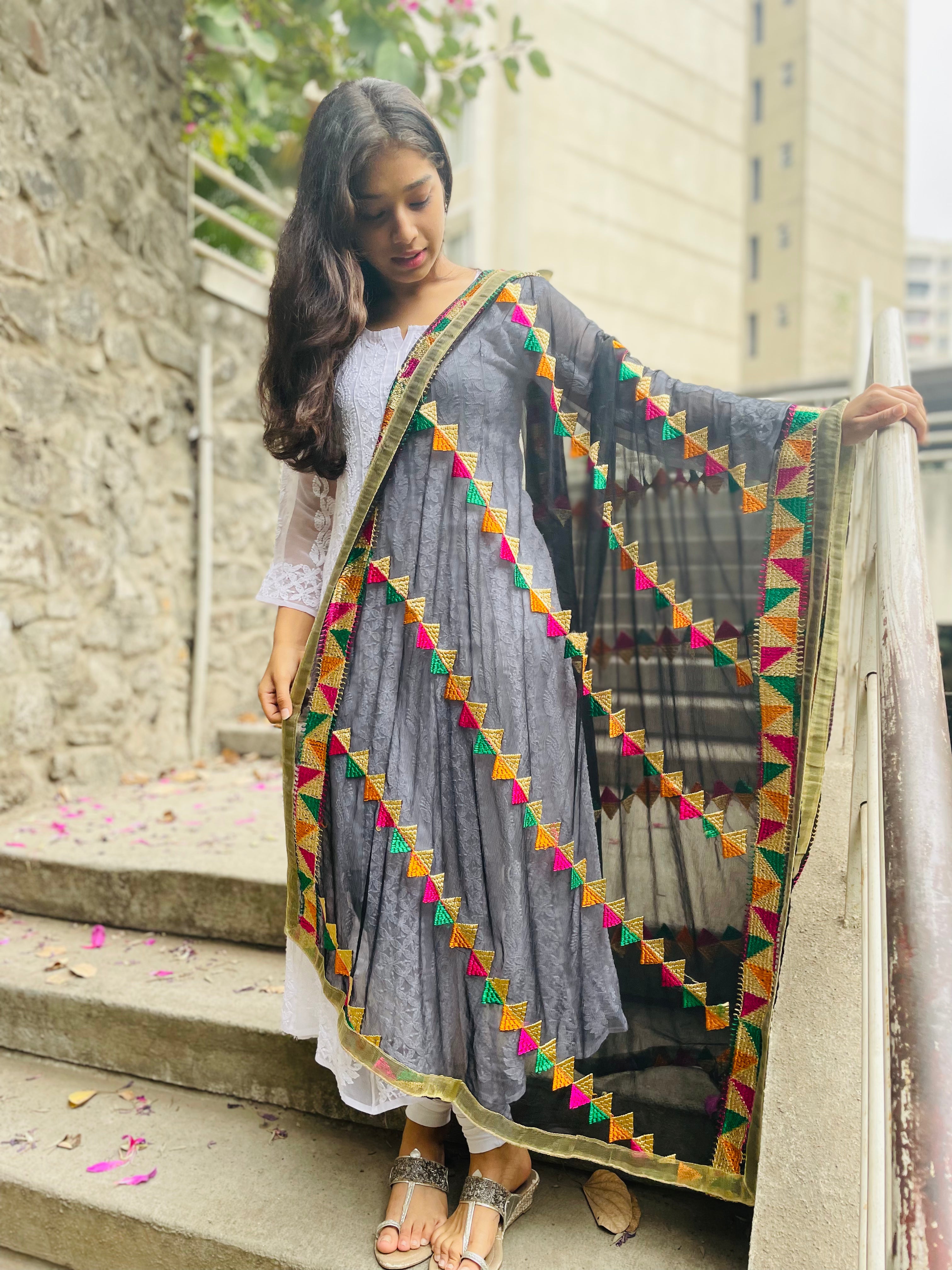 Lightweight Phulkari Chiffon Dupatta - (PE110) - Black