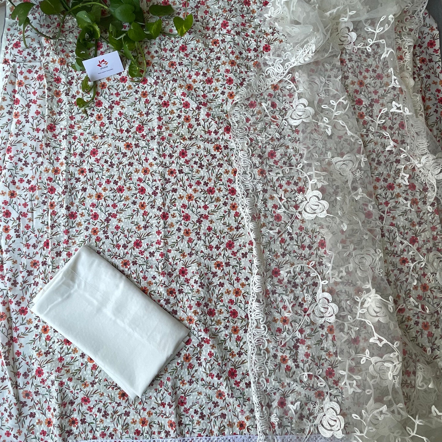 Pure Soft Cotton Unstitched Suit Material - White with Designer Net Dupatta