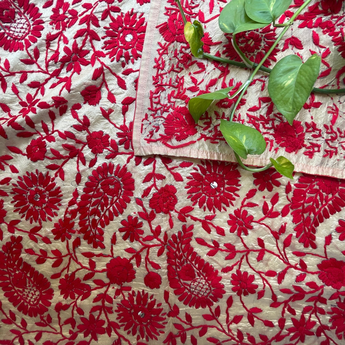Hand-Embroidered Chanderi Dupatta- Beige With Red Coloured Threadwork