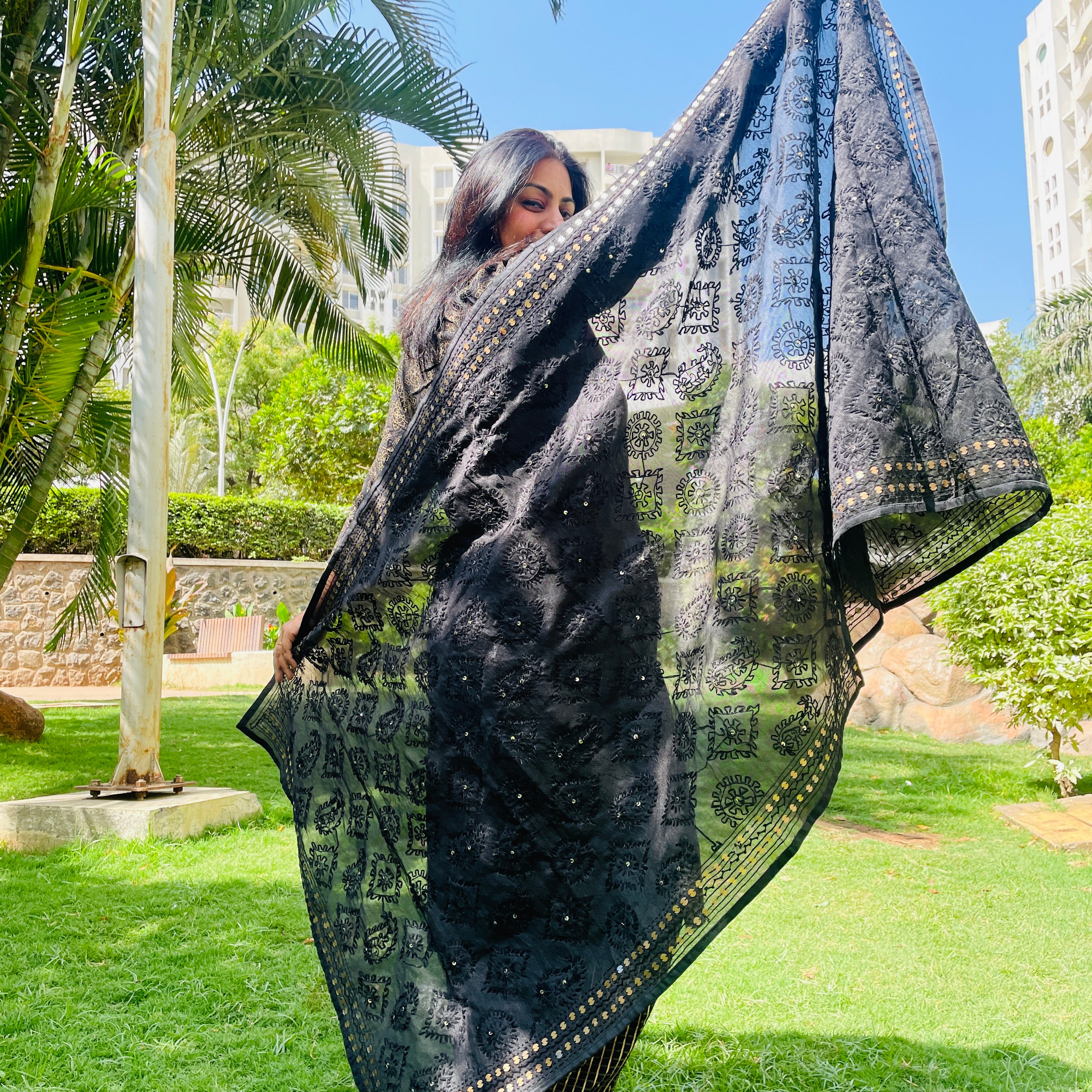 Hand-Embroidered Cotton Dupatta With Sequence Border - Black With Self Coloured Threadwork