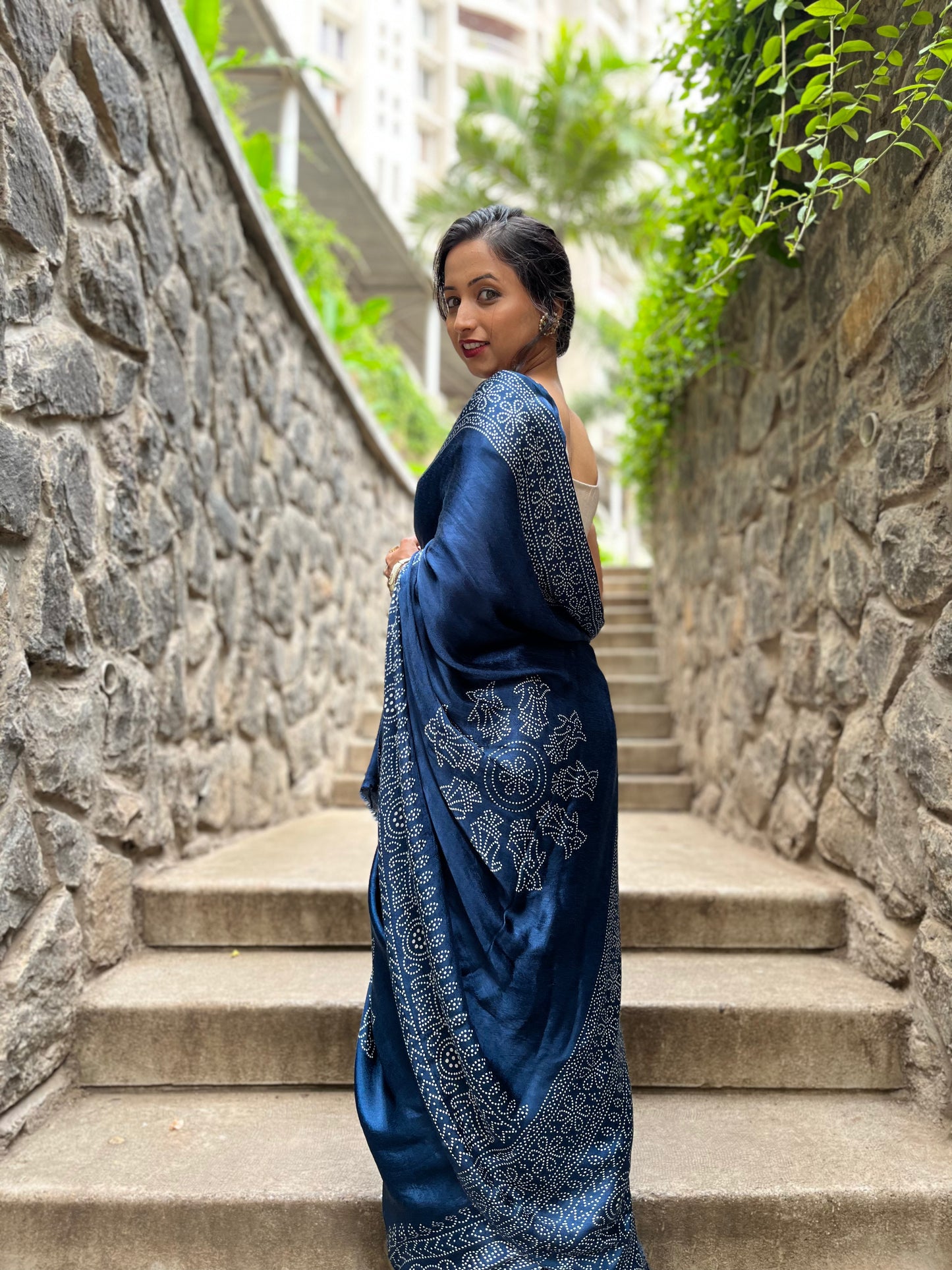 Modal Silk Ajrakh Saree With Natural Dyes -Maroon, Red, Bottle Green,Rani Pink, Blue, Navy Blue.
