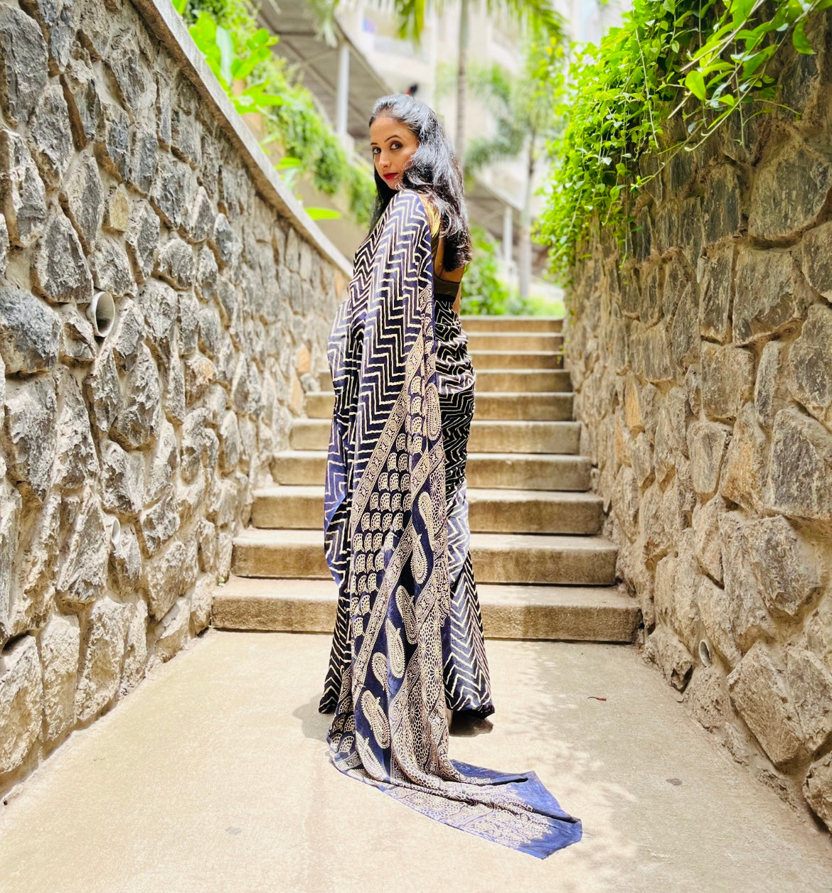 Modal Silk Ajrakh Saree With Natural Dyes - Red, Maroon, Black, Brown, Mustard Yellow, Bottle Green, Rani Pink, Navy Blue.