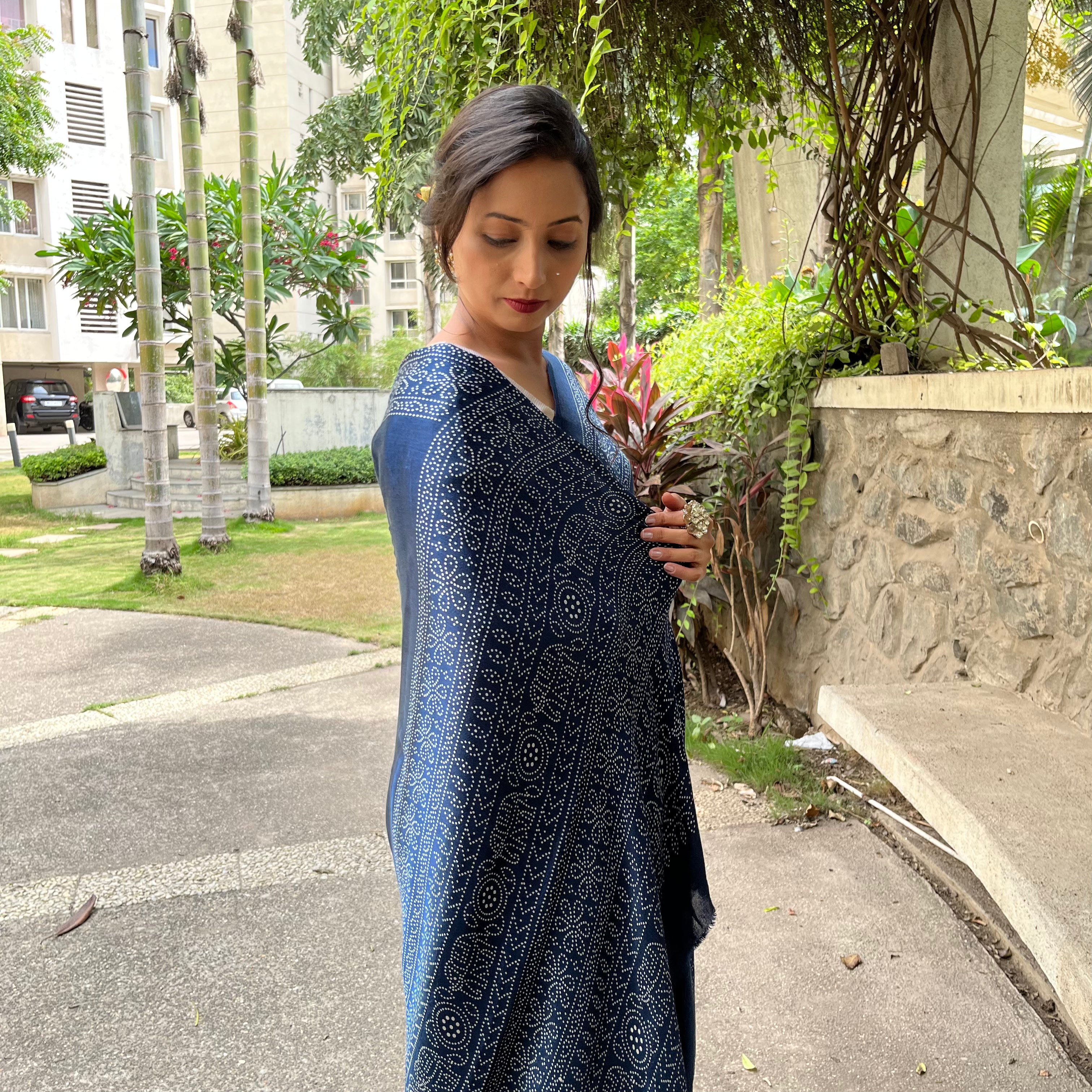 Modal Silk Mashroo Mix Ajrakh Saree - Maroon, Red, Bottle Green,Rani Pink, Blue, Navy Blue.