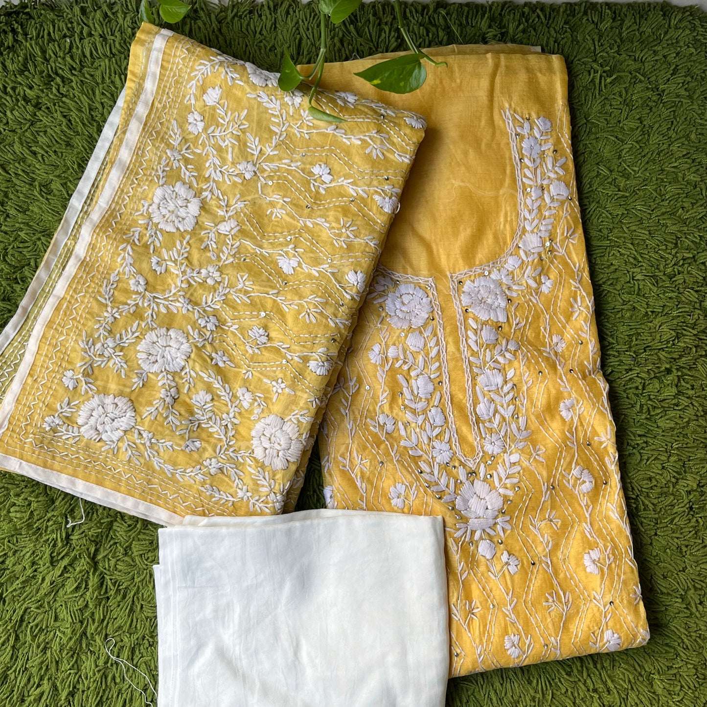 Hand Embroidered Unstitched Suit Material - Yellow And White