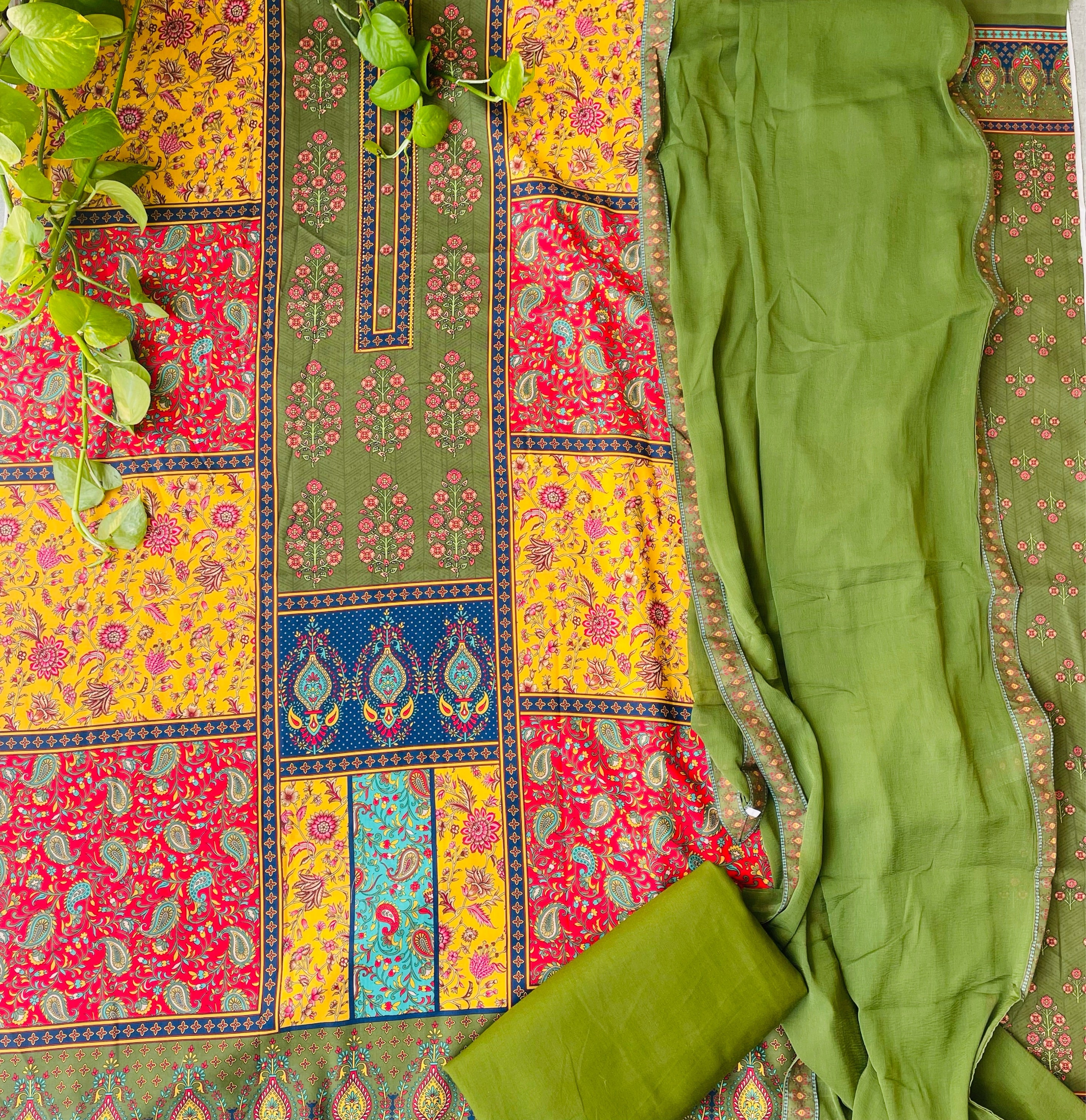 Pure Soft Cotton Unstitched Sindh Style Punjabi Suit Material - Green and Black (Various colours available)