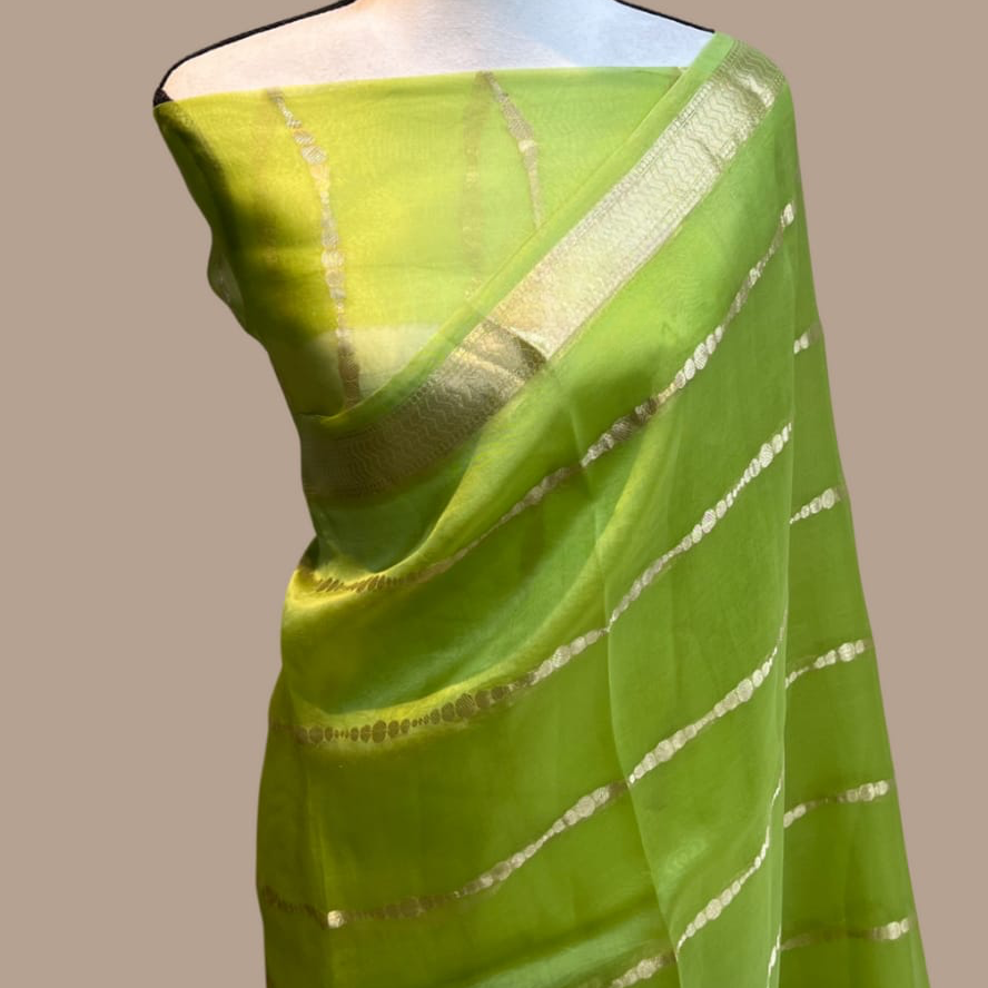 Banarasi Kora Silk Organza Saree- Blue, Black, Yellow, Green, Red, Pink.