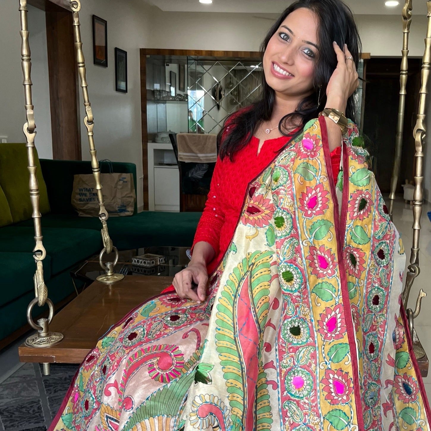 Hand Embroidered And Hand Painted Chanderi Dupatta - Beige With Multi Coloured Peacock Design