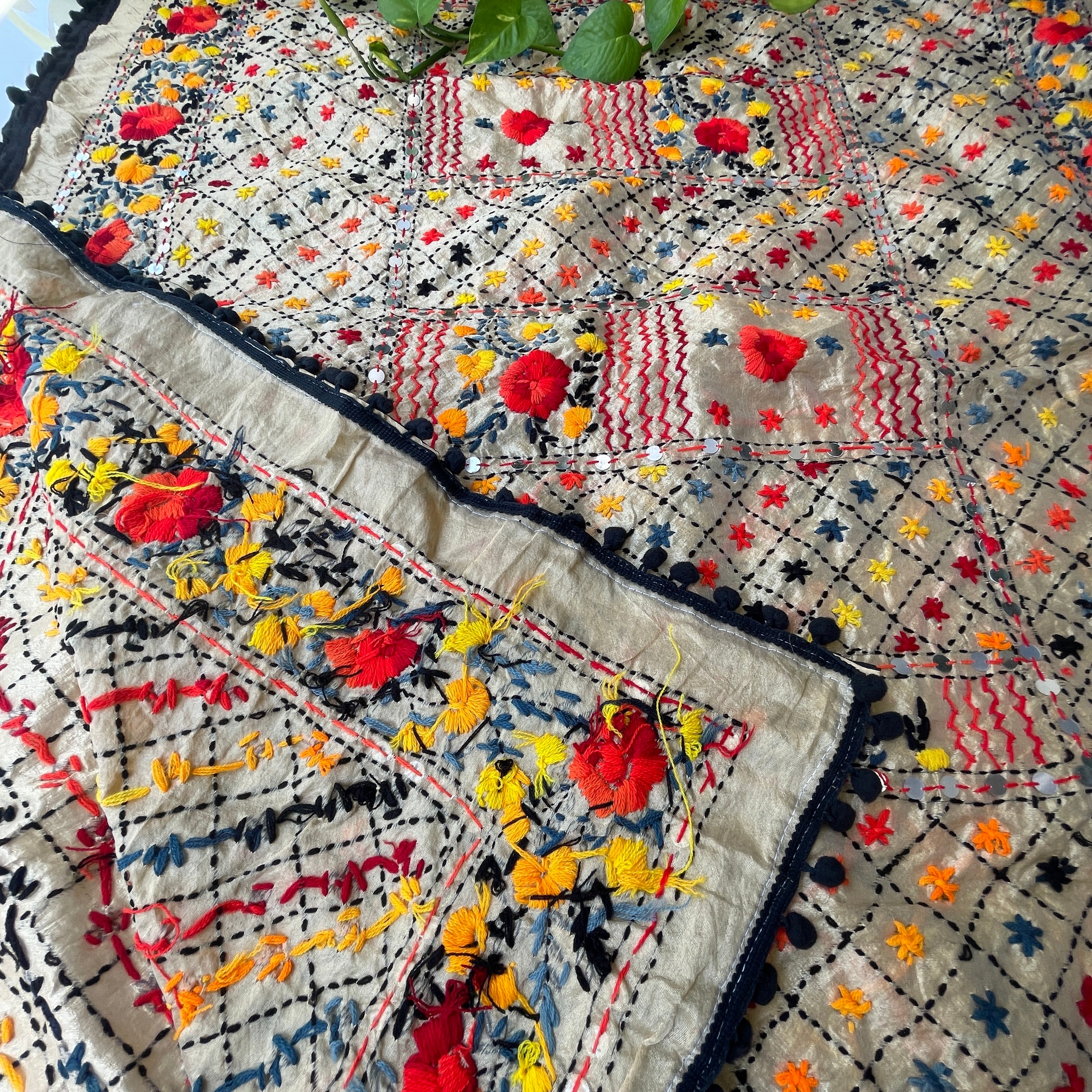 Hand Embroidered Phulkari Chanderi Dupatta with Pom Pom Border - Beige Base With Black and Multi Coloured Threadwork