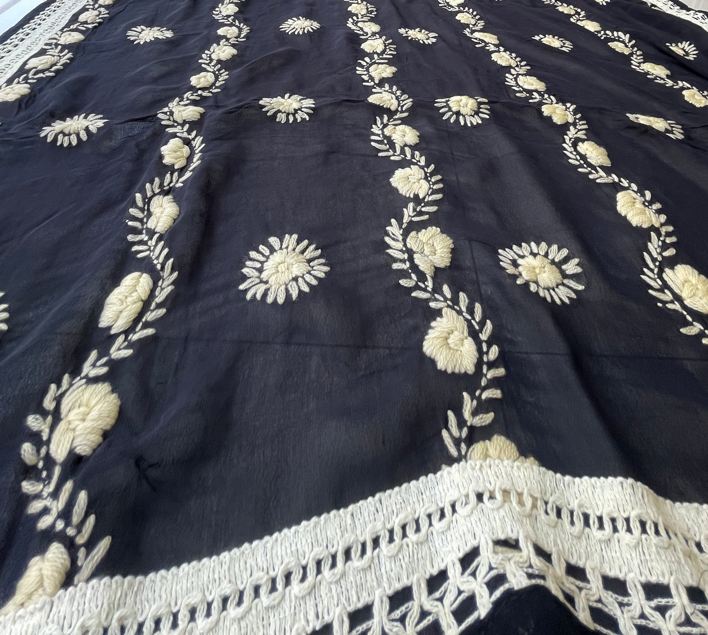 Hand-Embroidered Georgette Dupatta- Black With Beige Floral Embroidery