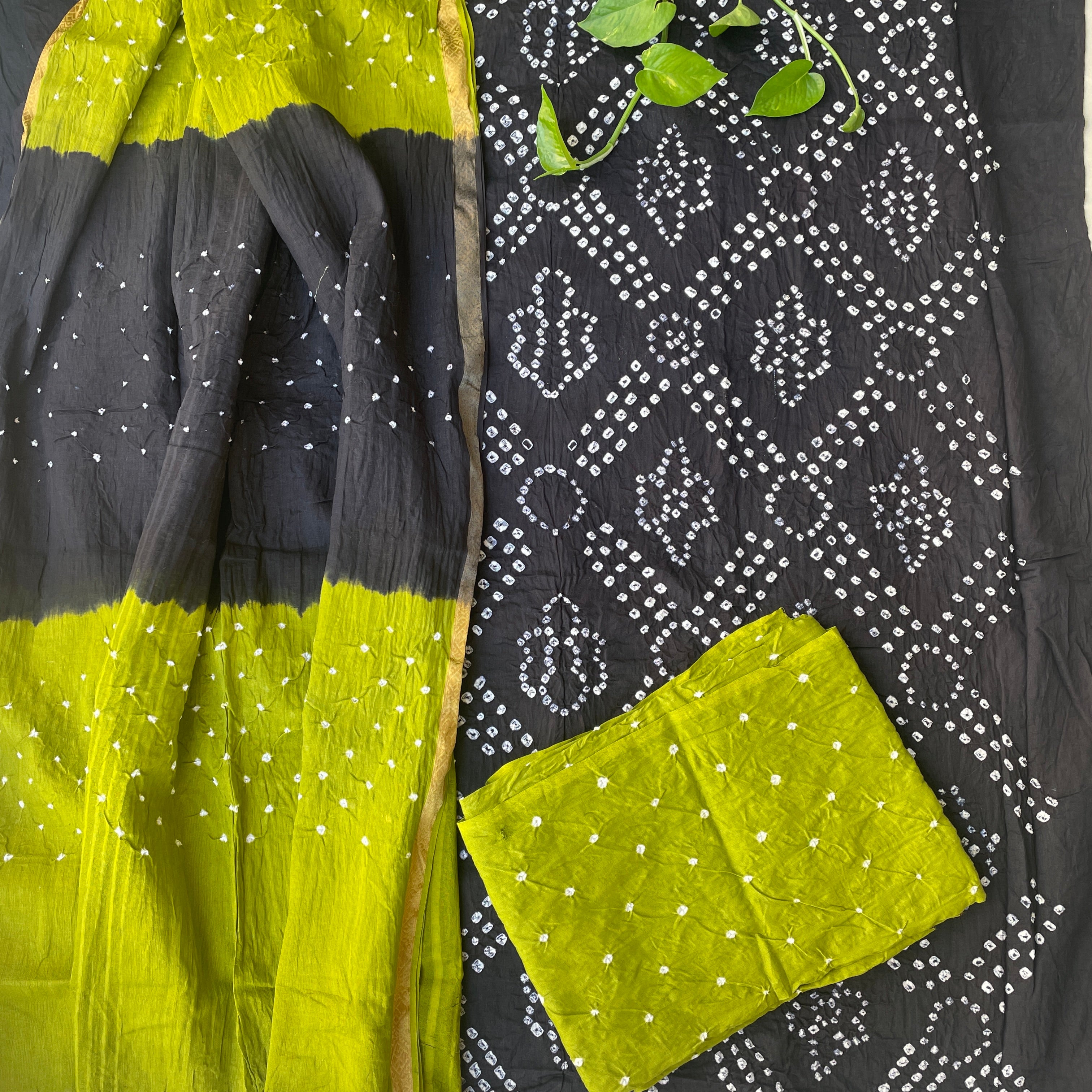 Hand Tied Bandhani Soft Cotton Unstitched Salwar Suit Fabric - Black and Olive Green