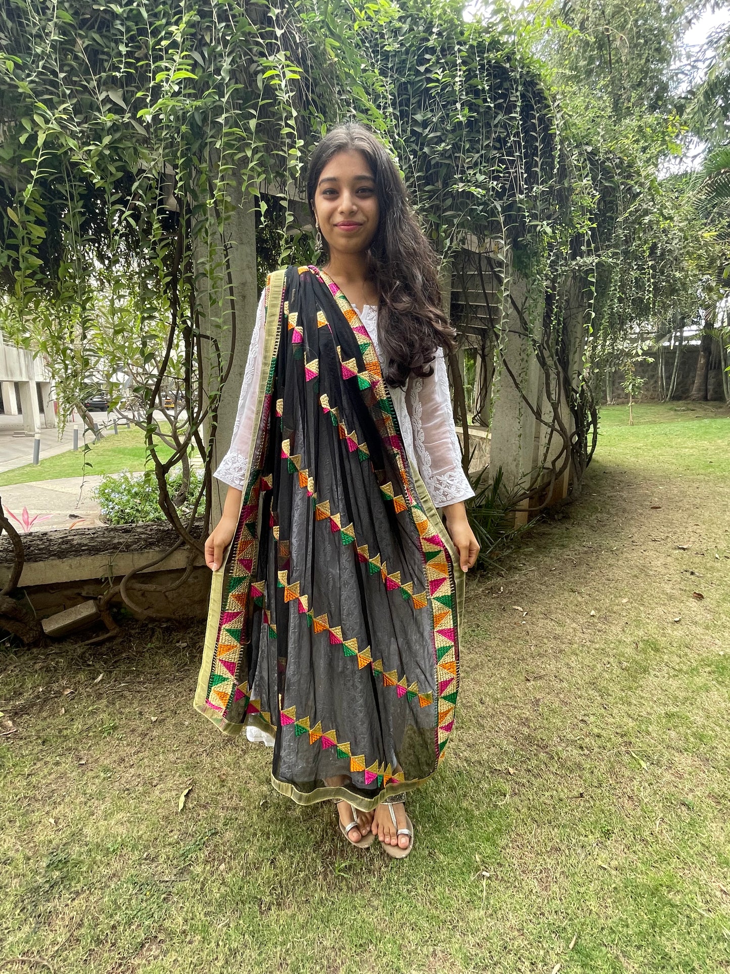 Lightweight Phulkari Chiffon Dupatta - (PE110) - Black