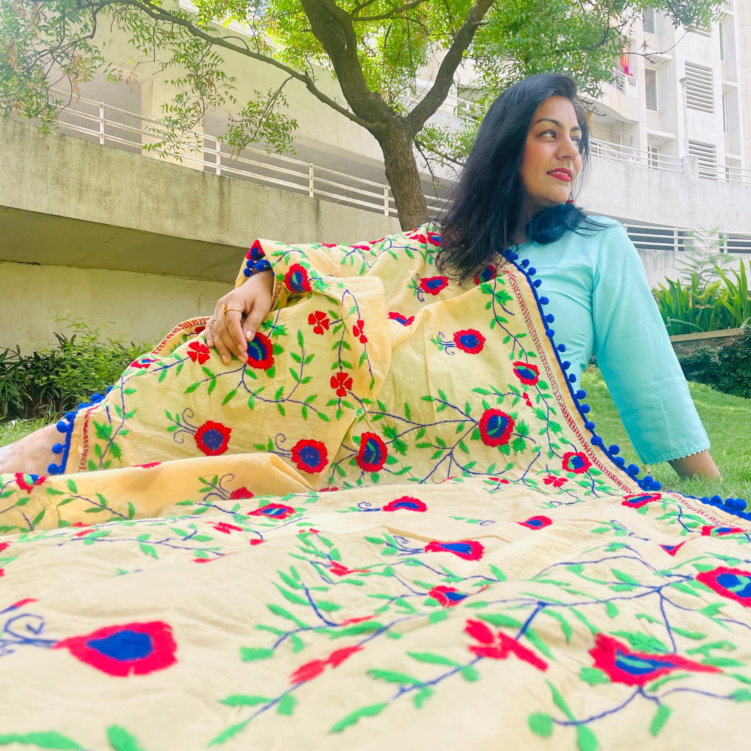 Hand-Embroidered Cotton Chanderi Dupatta- Beige and Blue