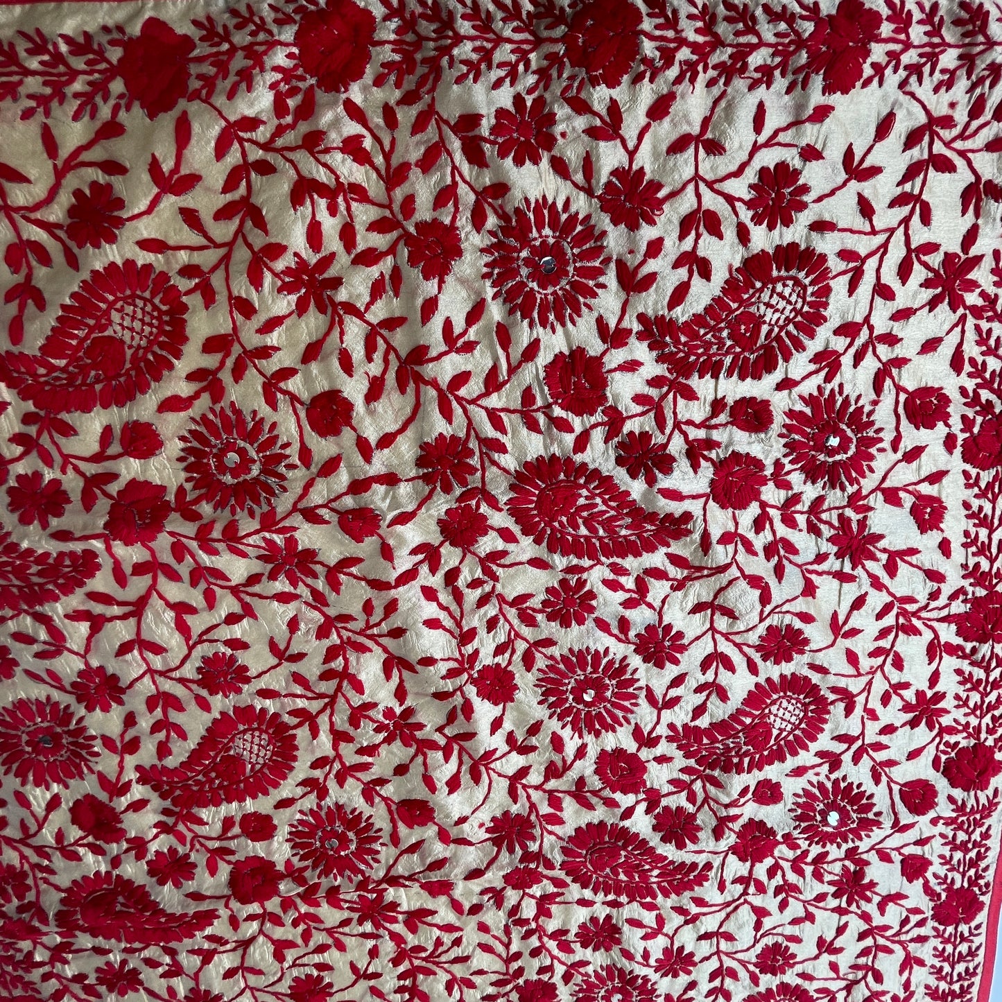 Hand-Embroidered Chanderi Dupatta- Beige With Red Coloured Threadwork