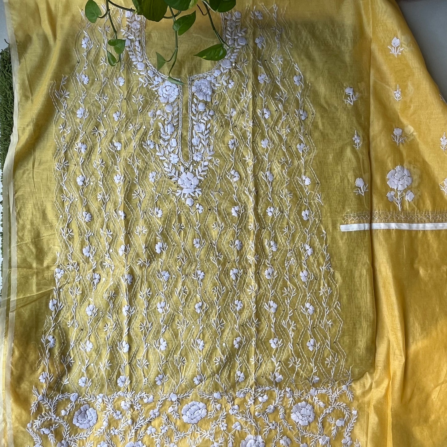 Hand Embroidered Unstitched Suit Material - Yellow And White
