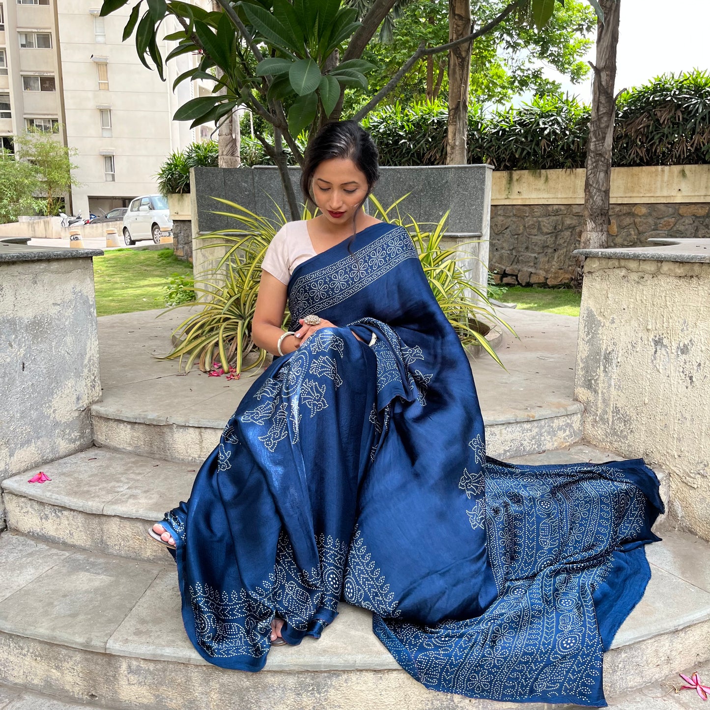 Modal Silk Ajrakh Saree With Natural Dyes -Maroon, Red, Bottle Green,Rani Pink, Blue, Navy Blue.