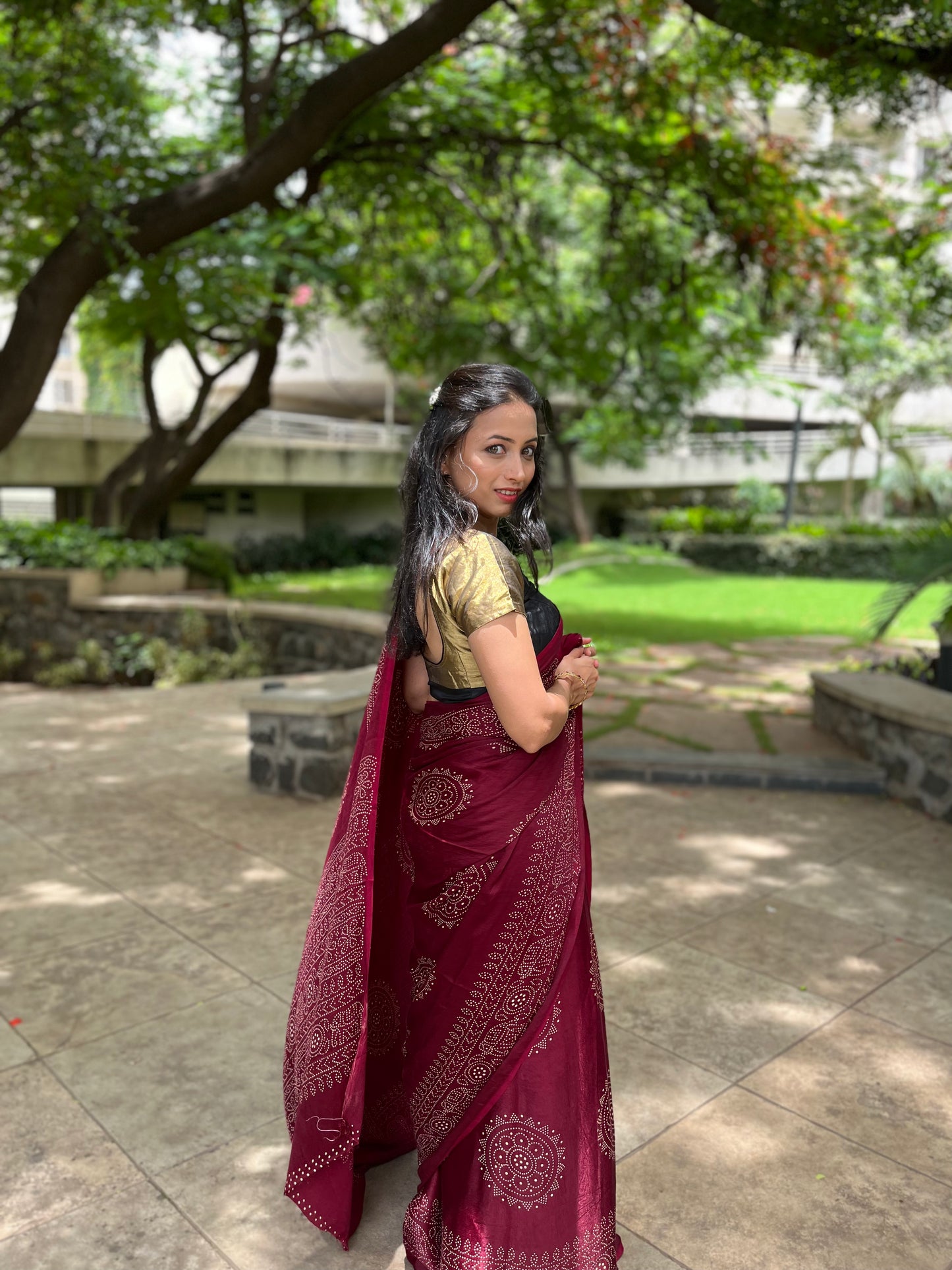 Modal Silk Ajrakh Saree With Natural Dyes - Blue, Maroon, Mustard Yellow, Magenta Pink,Bottle Green, Brown, Pink.